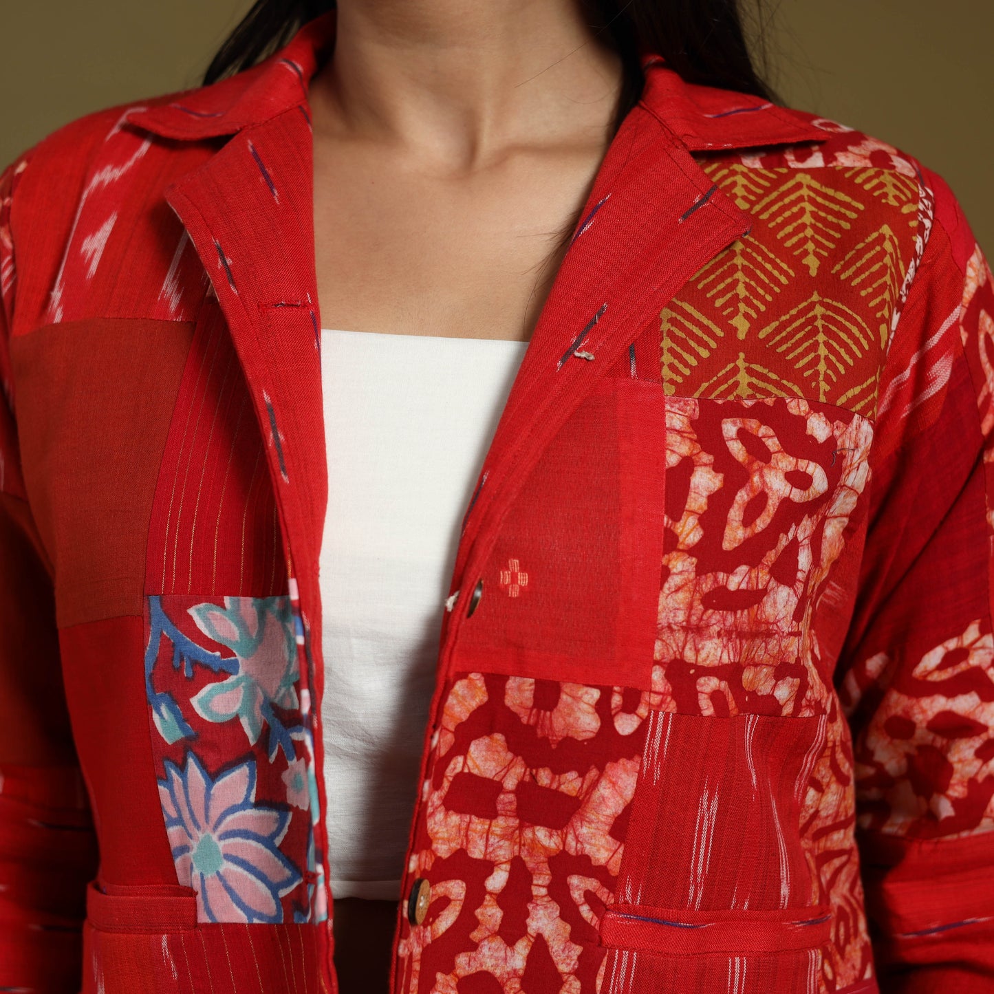 Red - hand-stitched mosaic cotton women’s jacket 02