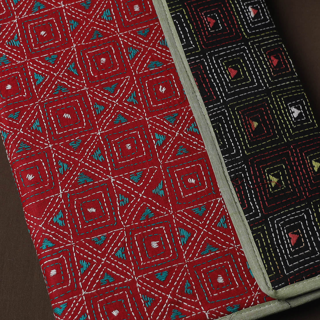 Red Handcrafted Bengal Kantha Work File Folder