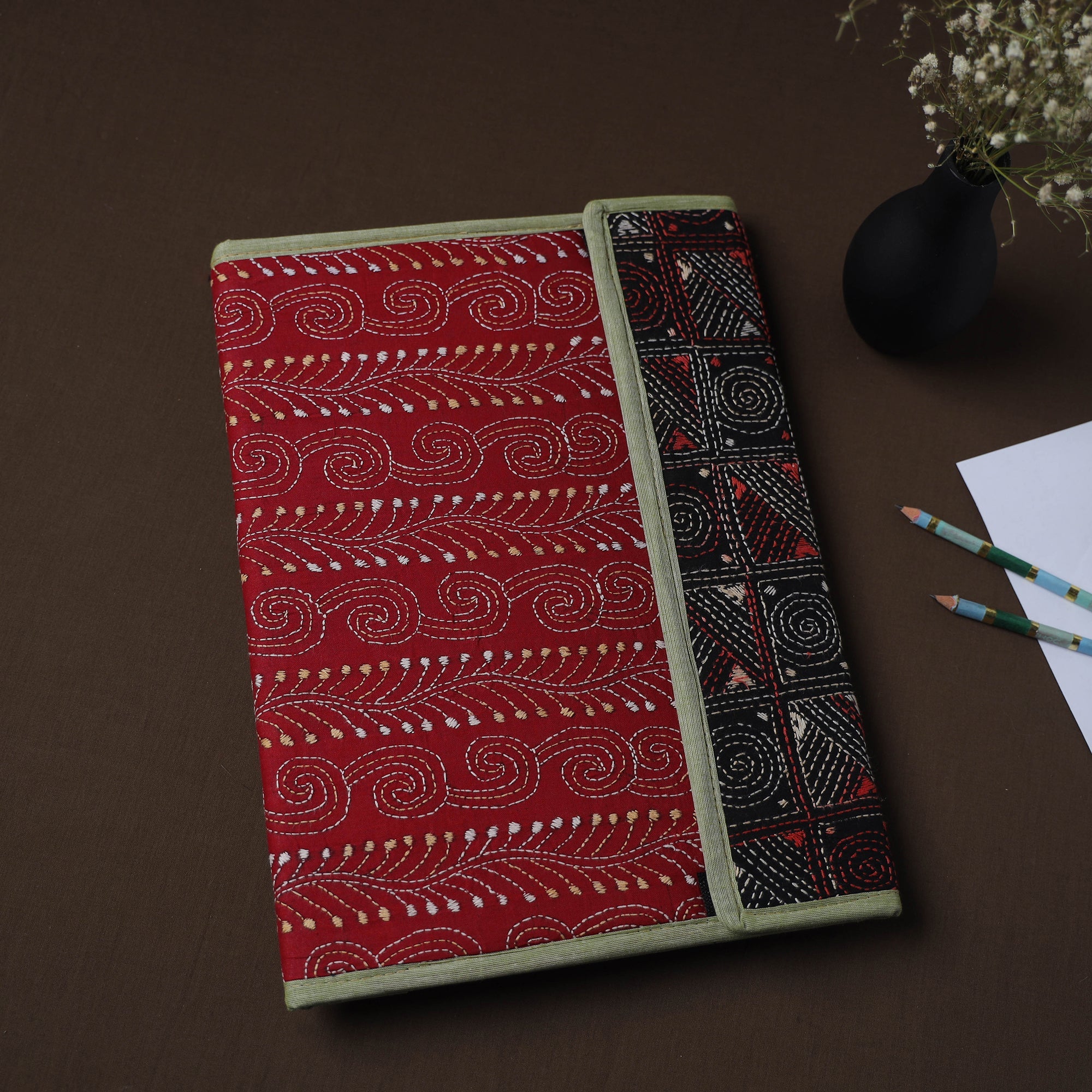 Black - Handcrafted Bengal Kantha Work File Folder 09