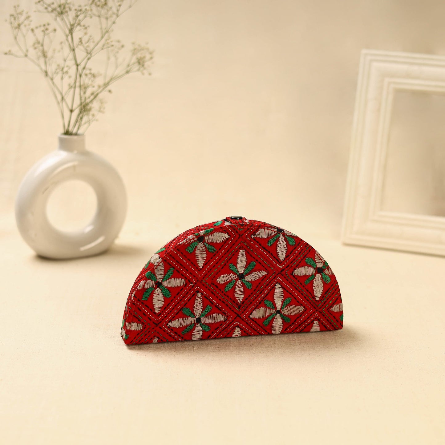 Red Handcrafted Bengal Kantha Work Jewelry Box