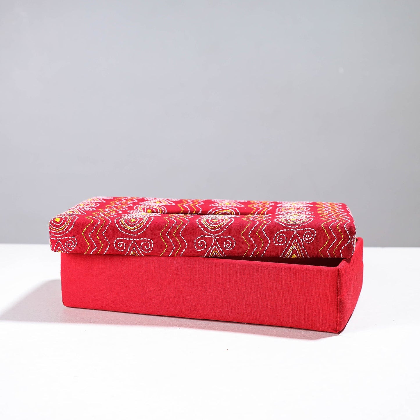 Red Handcrafted Bengal Kantha Work Tissue Box
