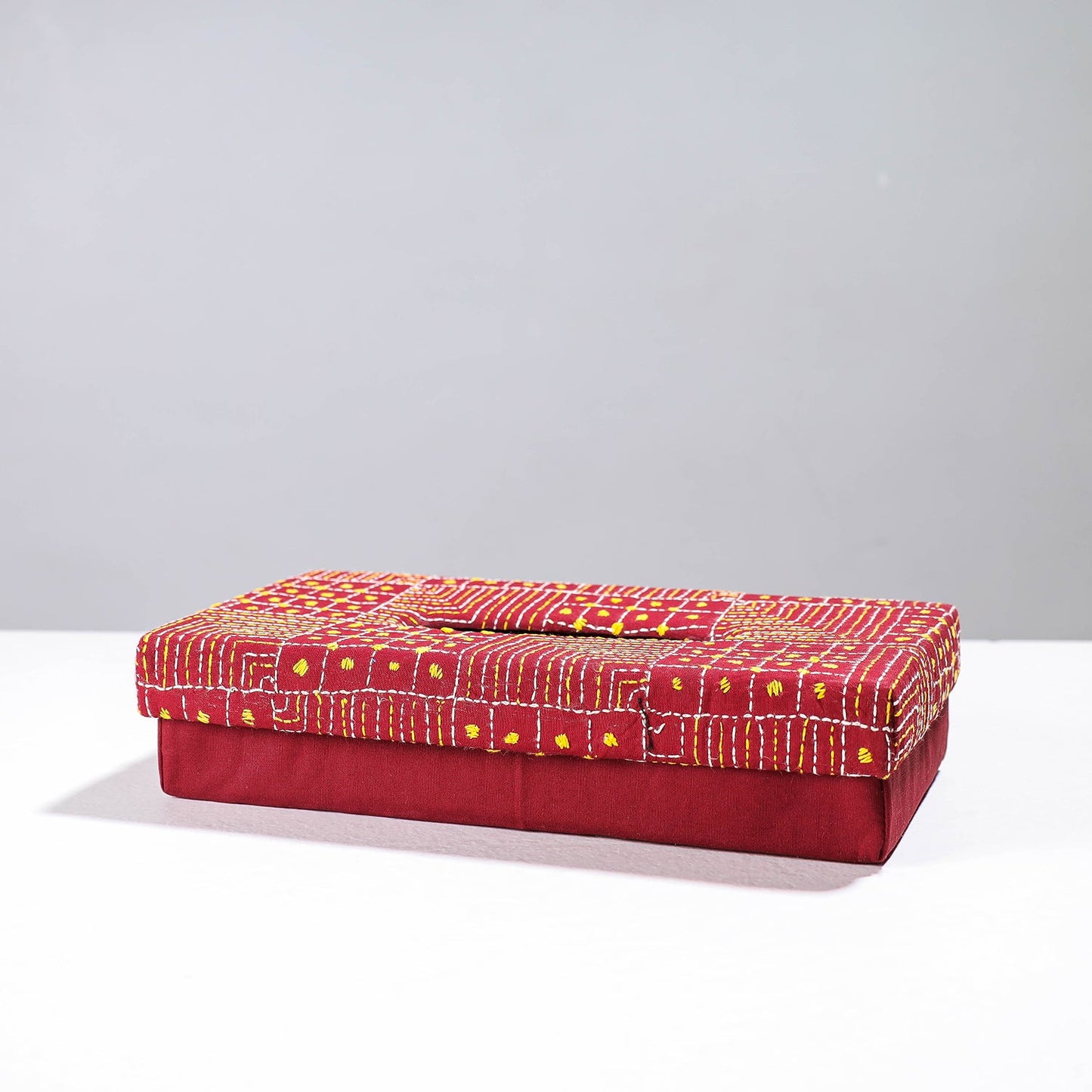 Red Handcrafted Bengal Kantha Work Tissue Box