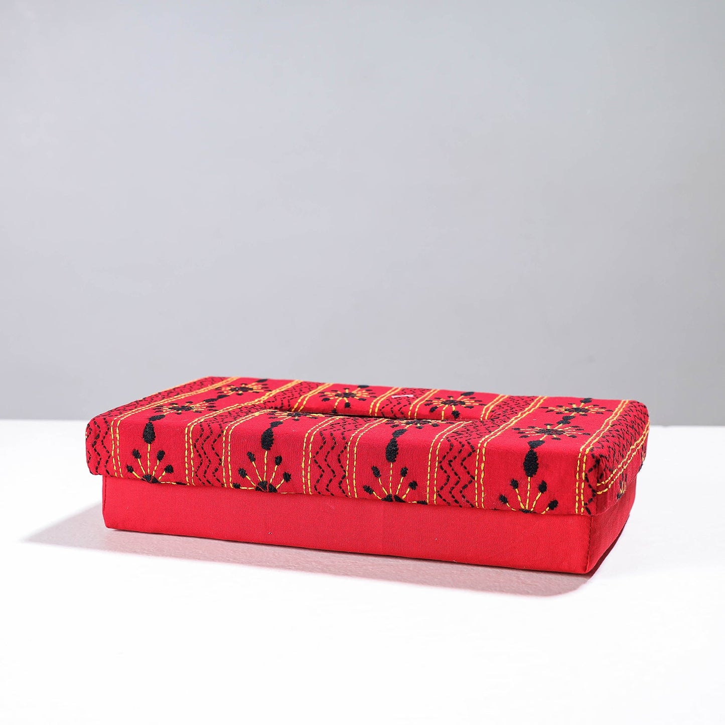 Red Handcrafted Bengal Kantha Work Tissue Box
