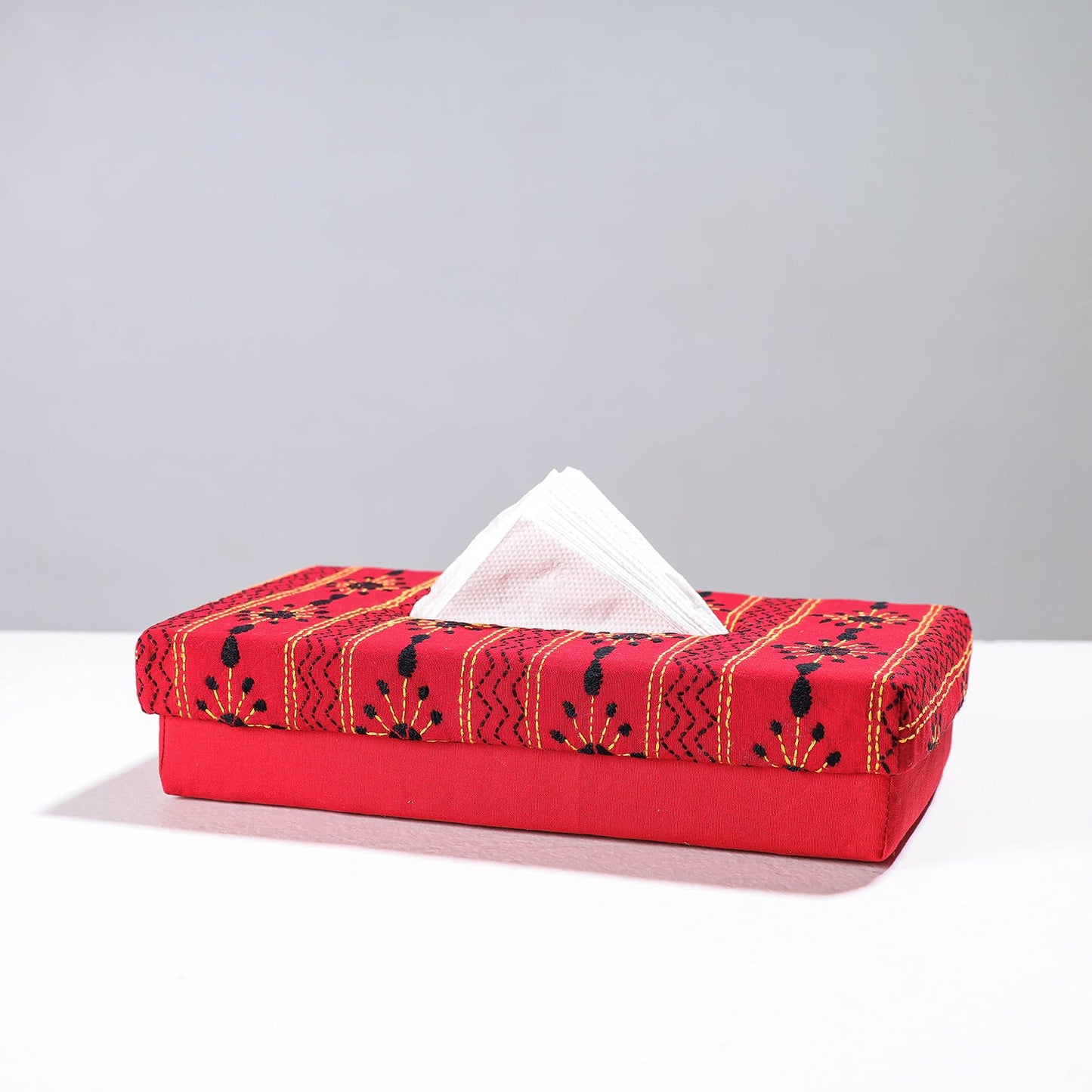 Red Handcrafted Bengal Kantha Work Tissue Box