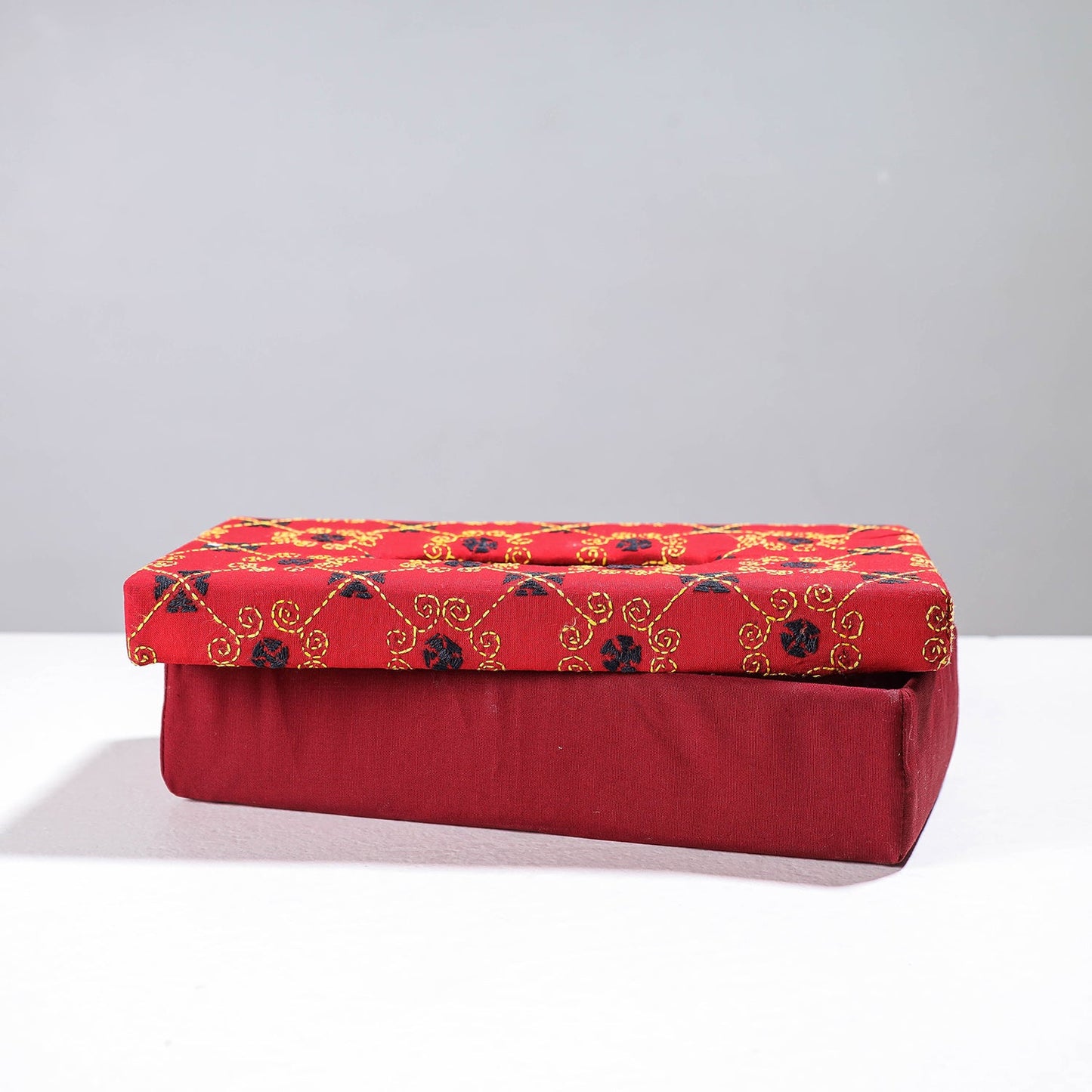 Red Handcrafted Bengal Kantha Work Tissue Box