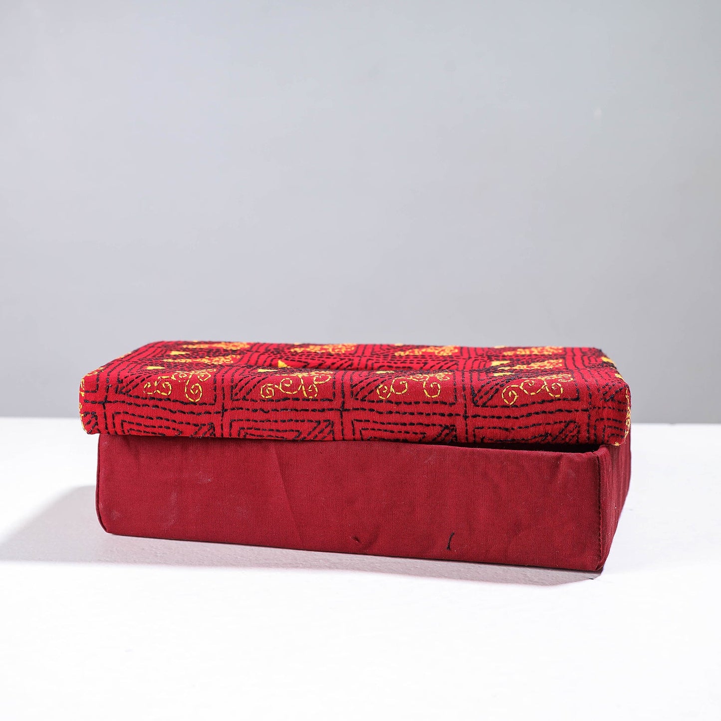 Red Handcrafted Bengal Kantha Work Tissue Box