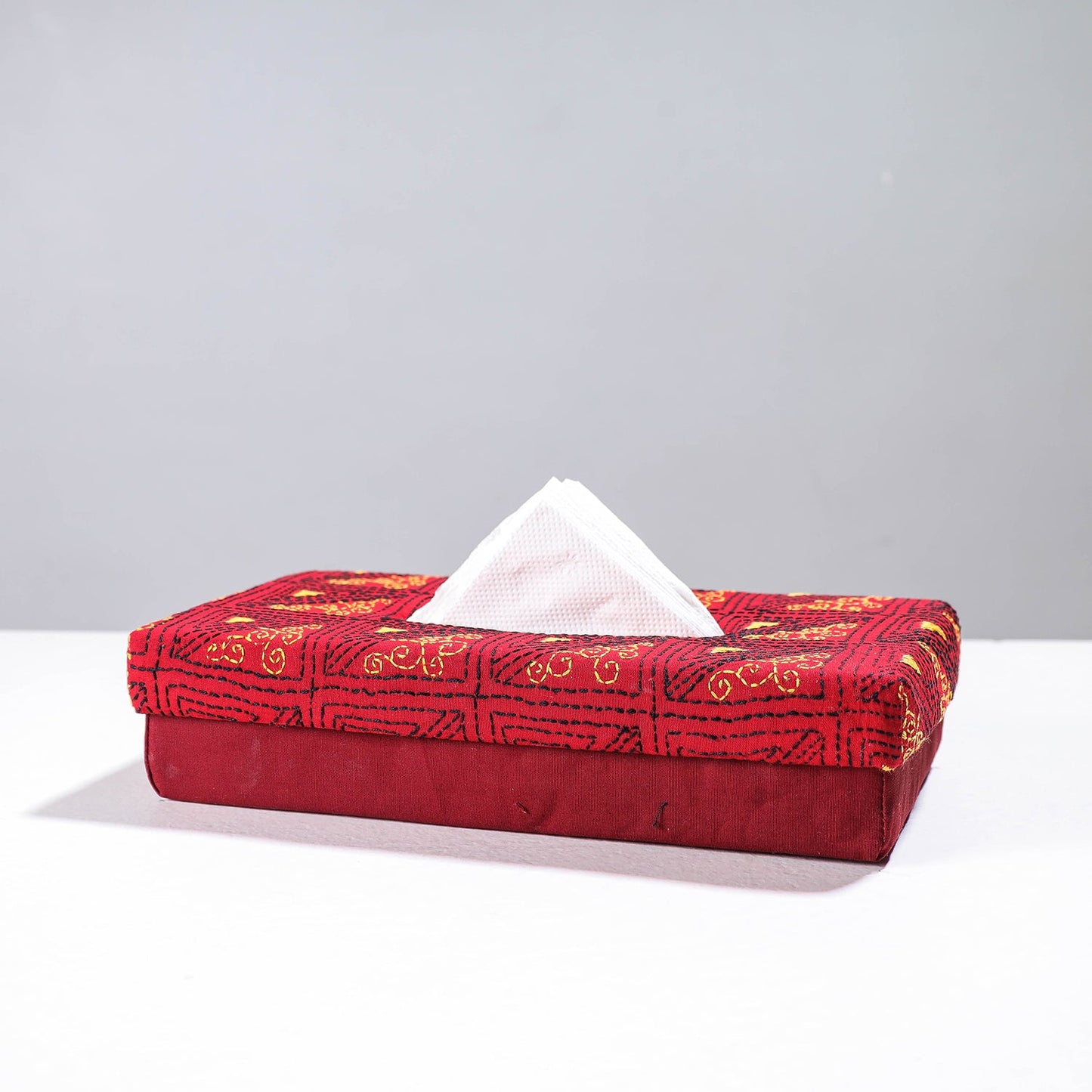 Red Handcrafted Bengal Kantha Work Tissue Box