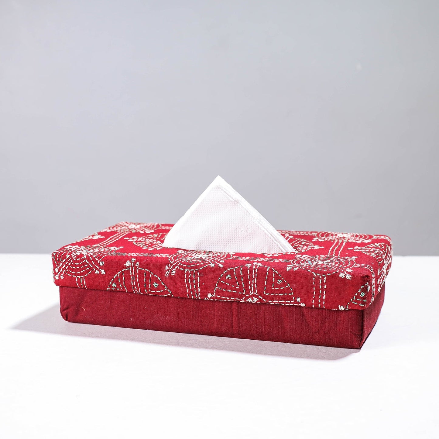 Red Handcrafted Bengal Kantha Work Tissue Box