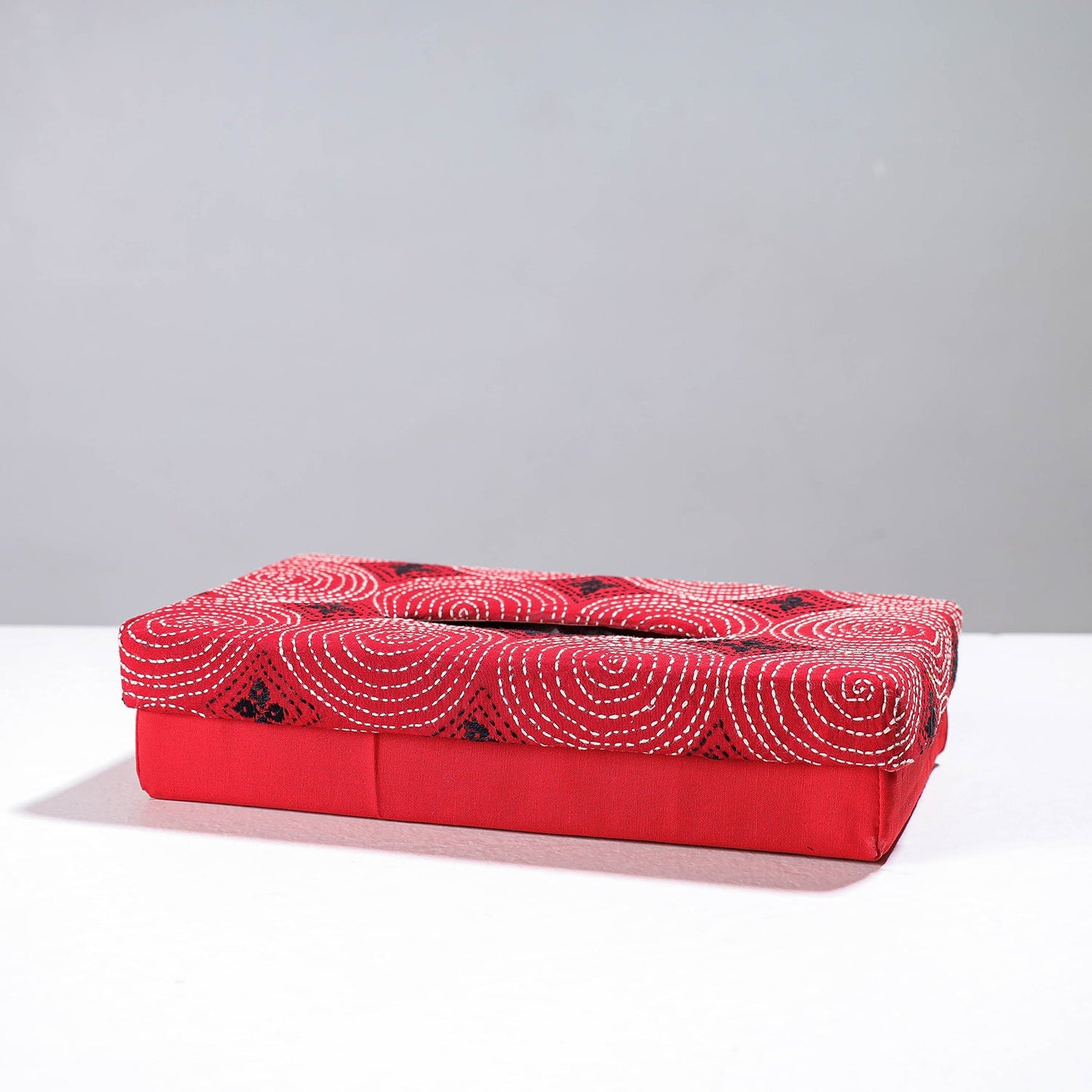 Red Handcrafted Bengal Kantha Work Tissue Box