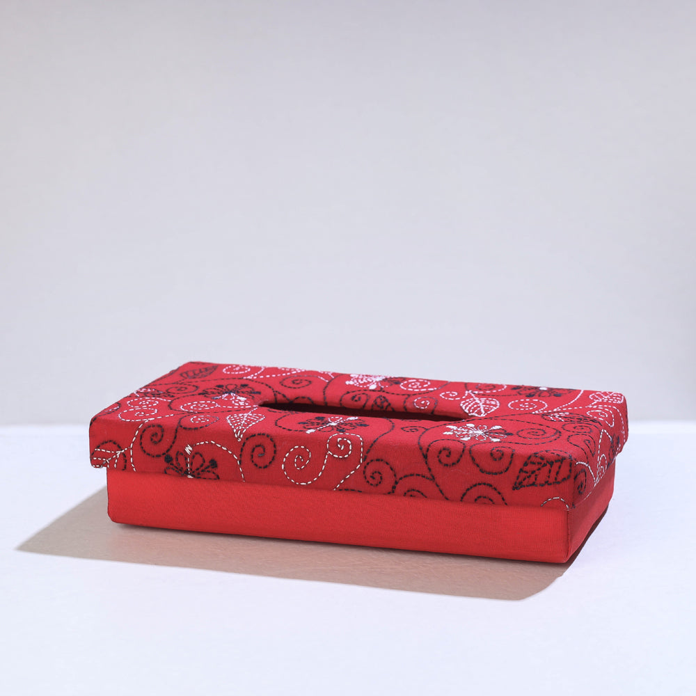 Red Bengal Kantha Work Handcrafted Tissue Box