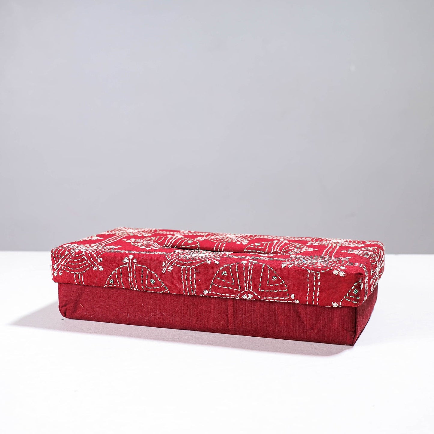 Red Handcrafted Bengal Kantha Work Tissue Box