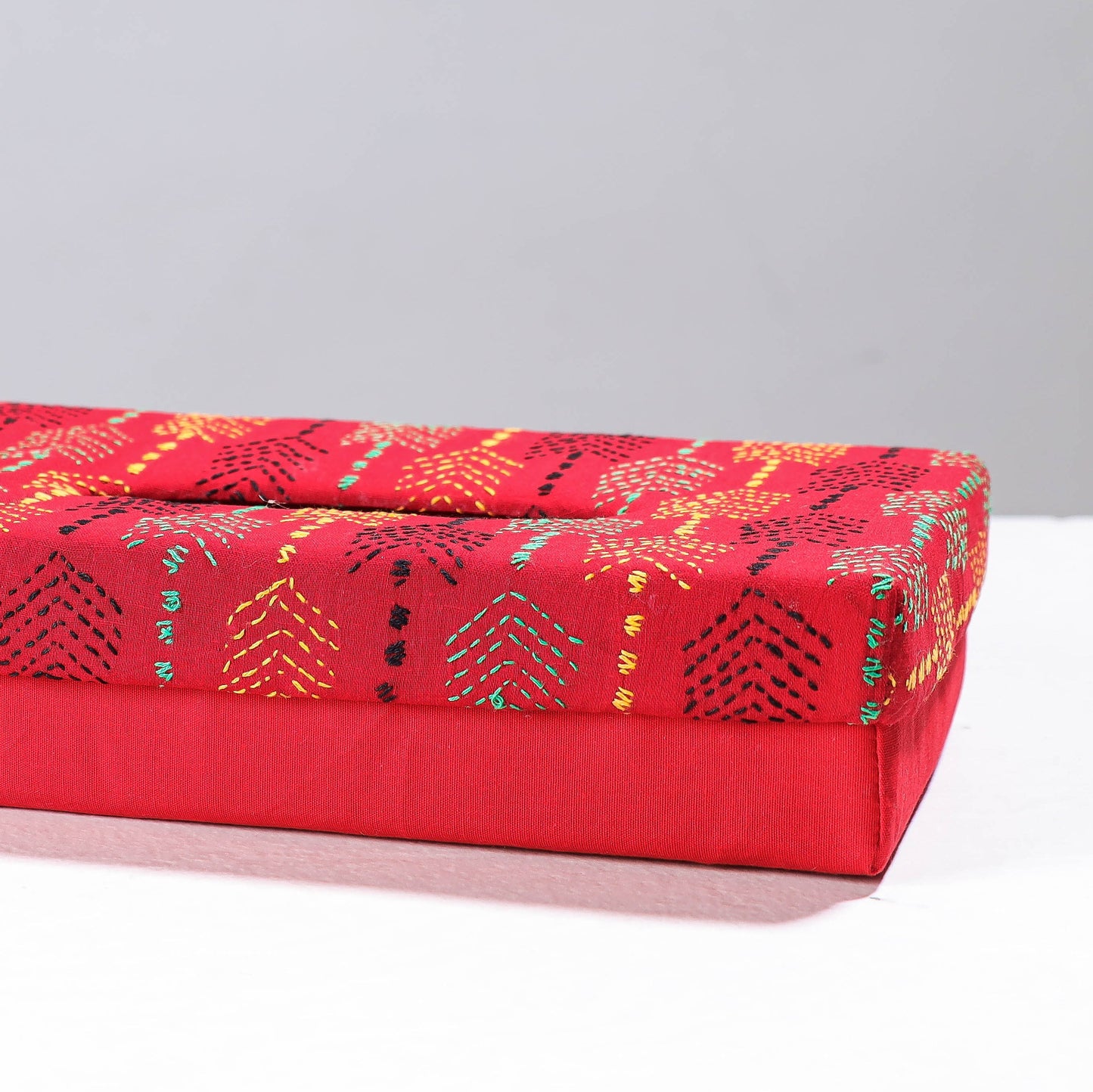 Red Handcrafted Bengal Kantha Work Tissue Box
