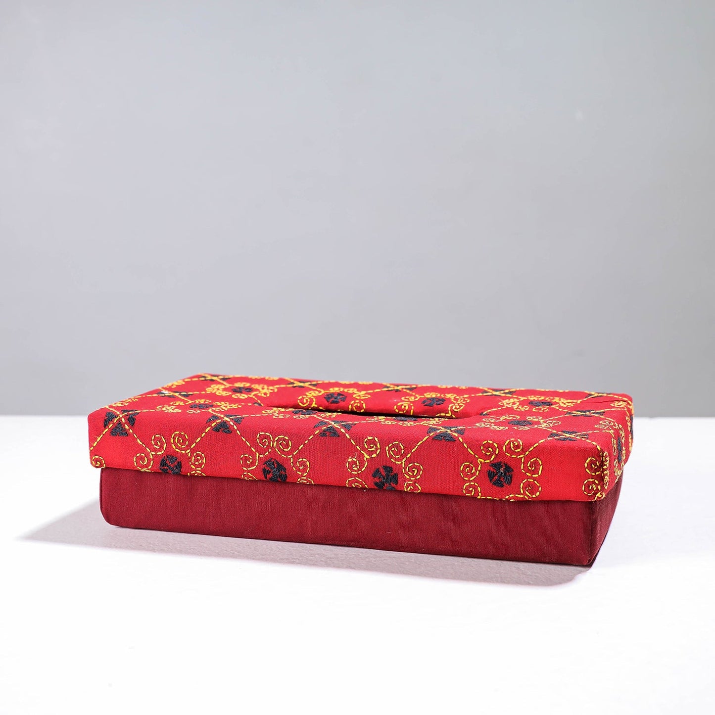 Red Handcrafted Bengal Kantha Work Tissue Box