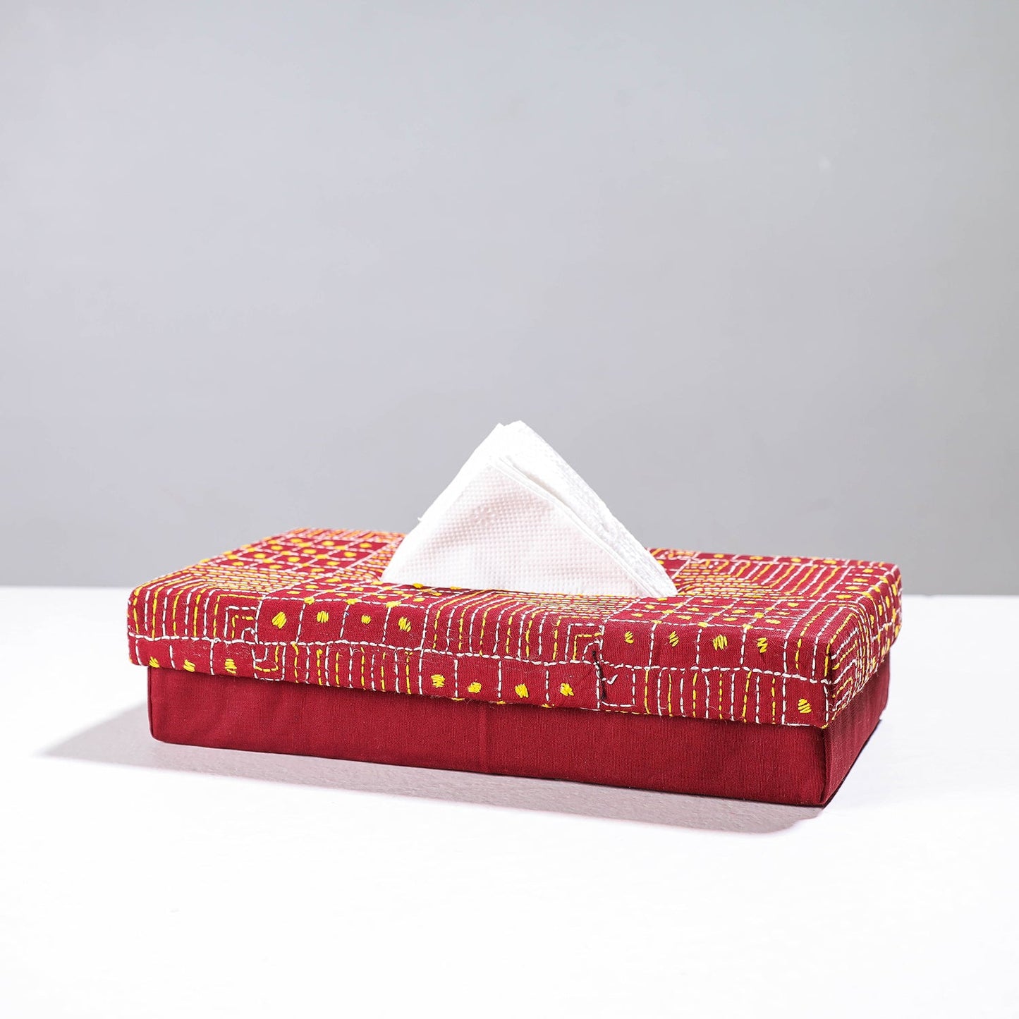 Red Handcrafted Bengal Kantha Work Tissue Box