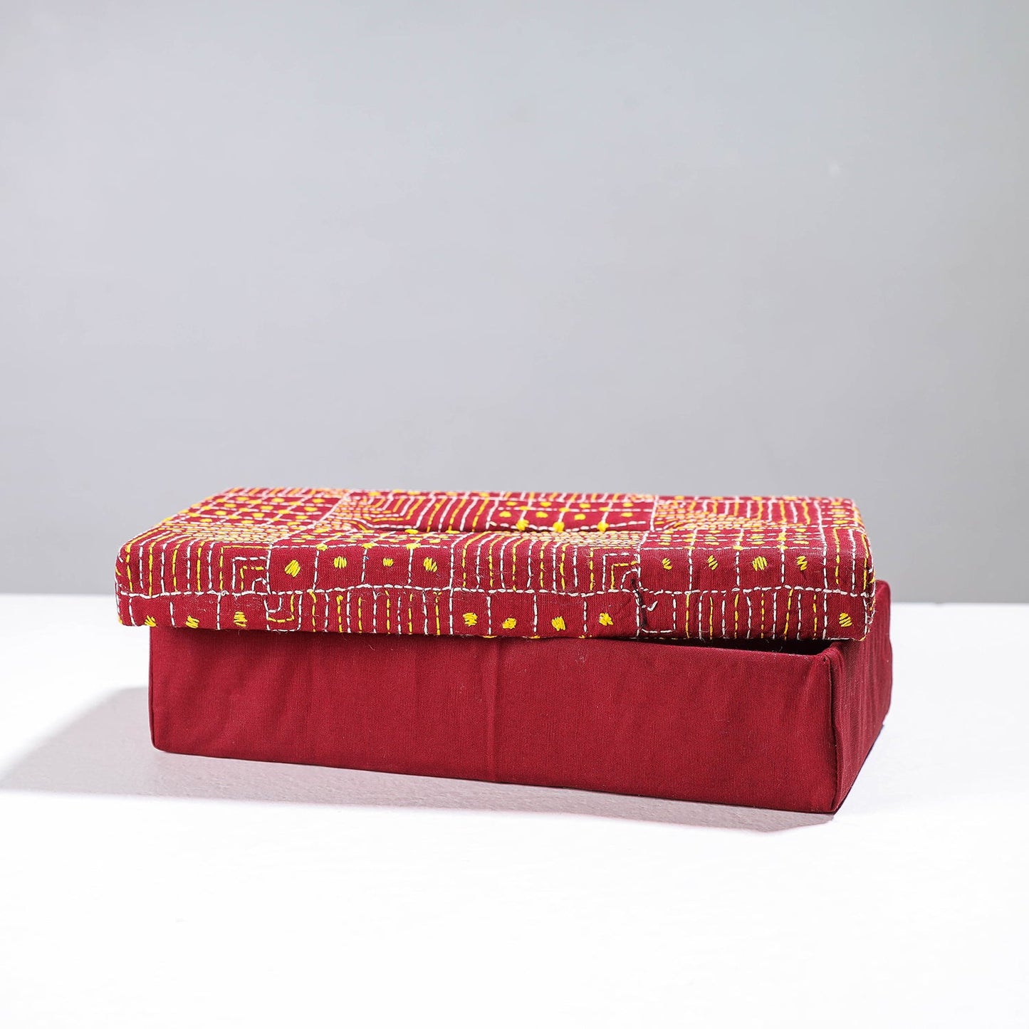 Red Handcrafted Bengal Kantha Work Tissue Box