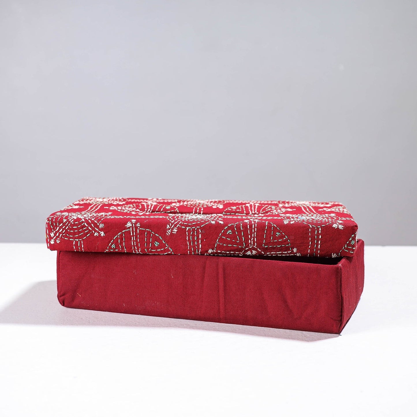Red Handcrafted Bengal Kantha Work Tissue Box