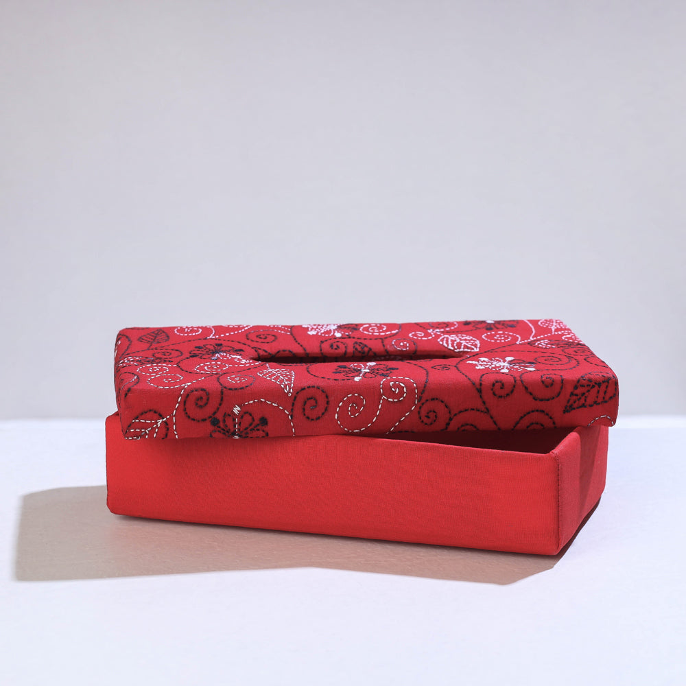 Red Bengal Kantha Work Handcrafted Tissue Box