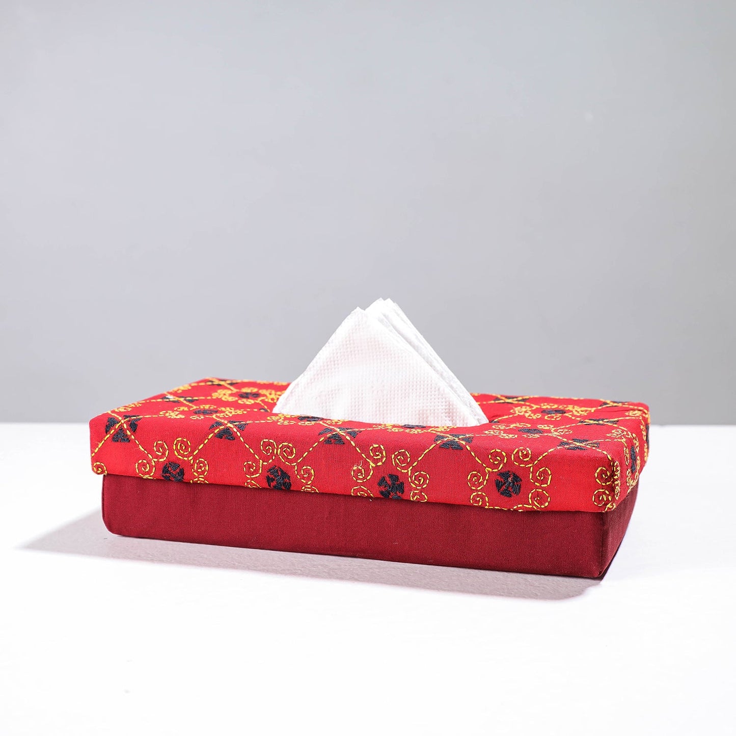 Red Handcrafted Bengal Kantha Work Tissue Box