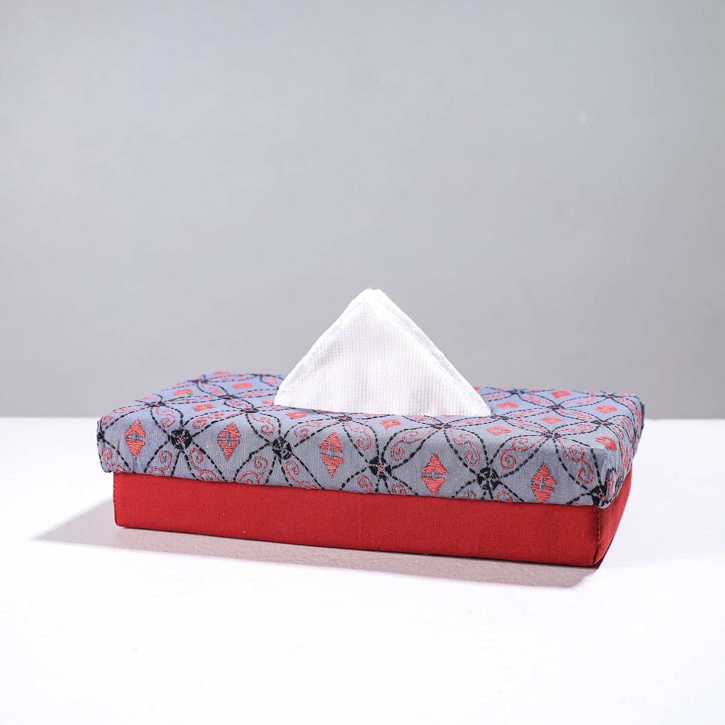 Red Handcrafted Bengal Kantha Work Tissue Box