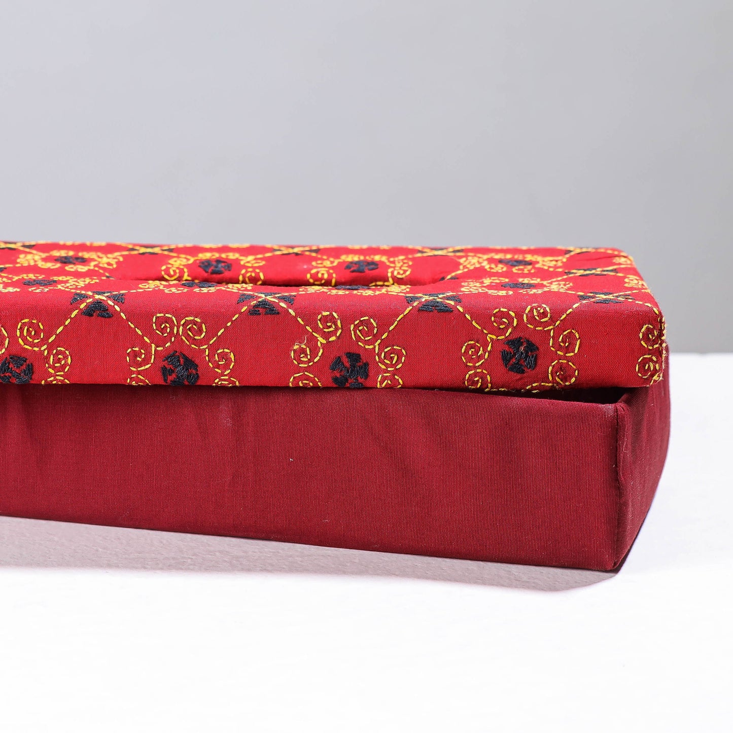 Red Handcrafted Bengal Kantha Work Tissue Box