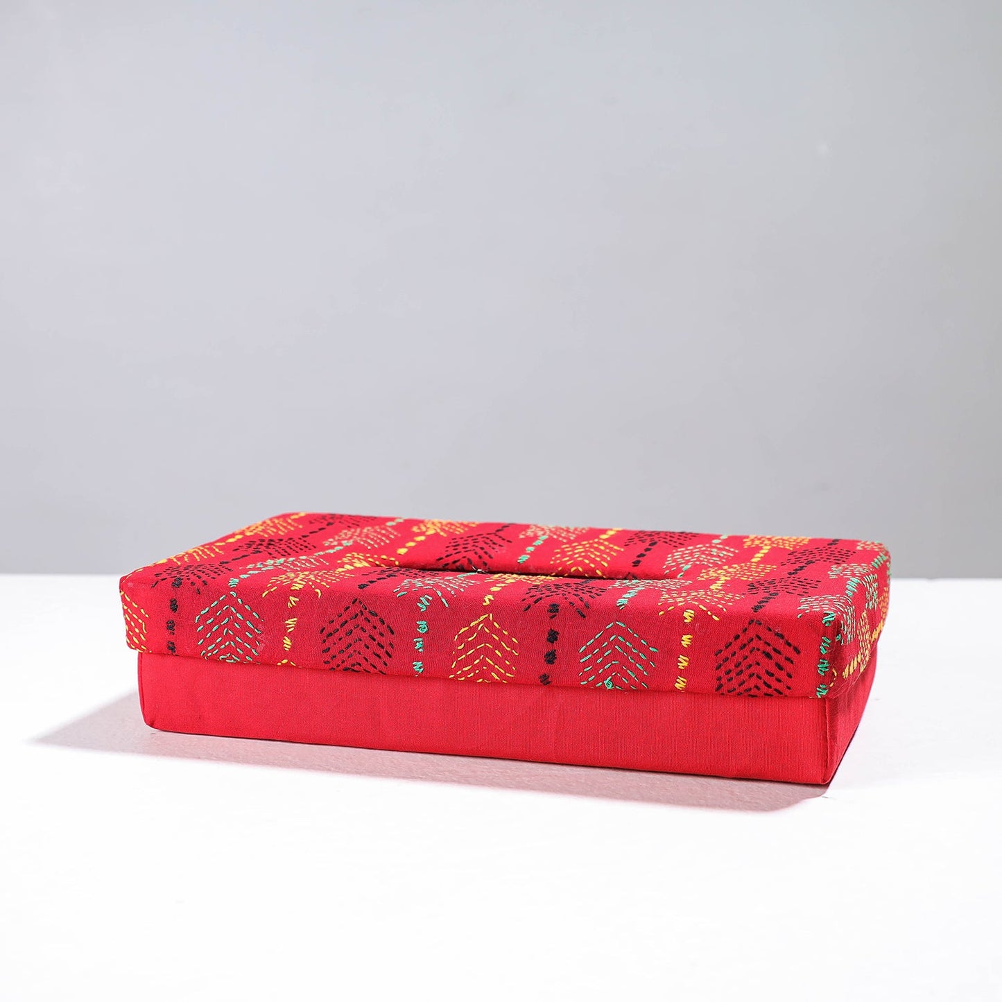 Red Handcrafted Bengal Kantha Work Tissue Box