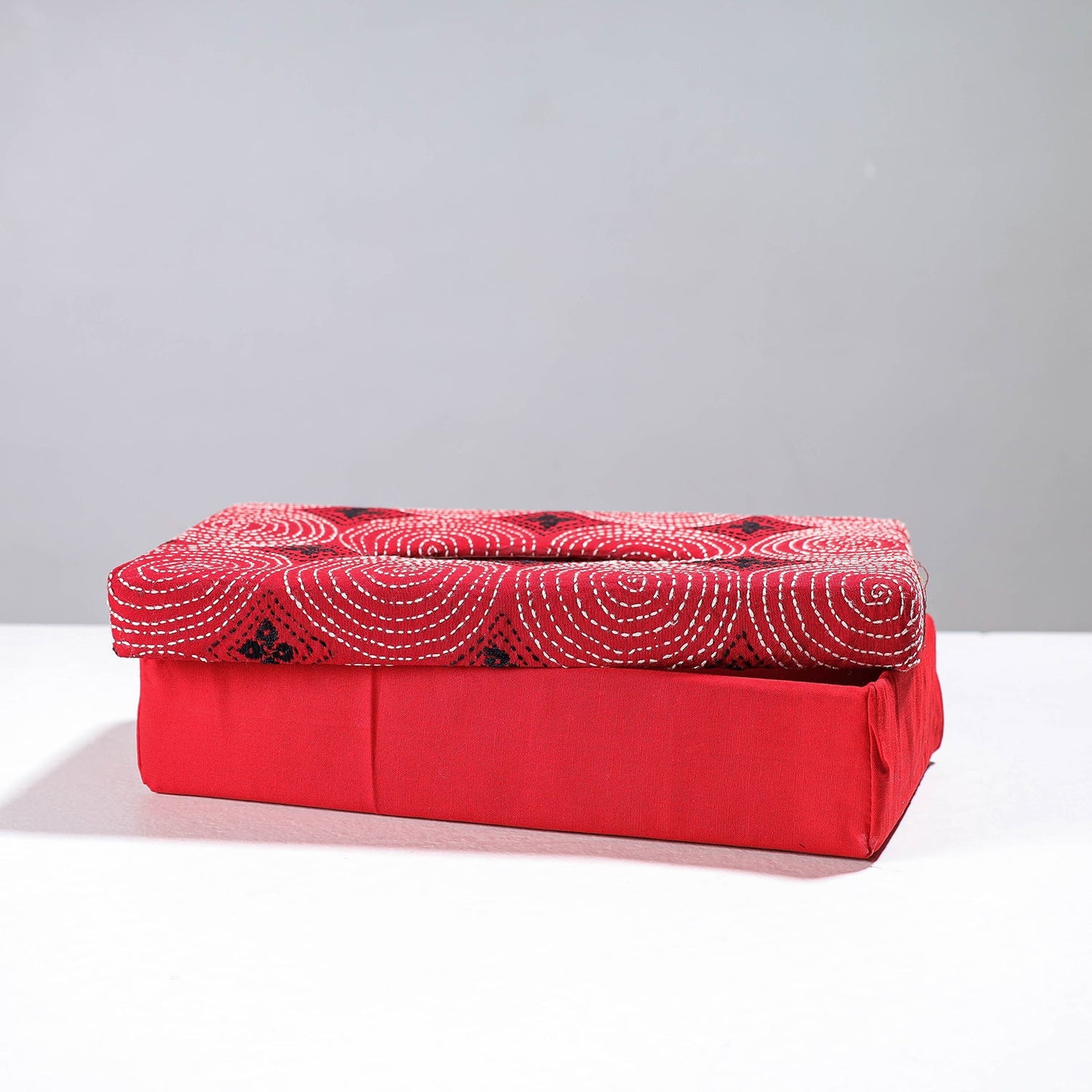 Red Handcrafted Bengal Kantha Work Tissue Box