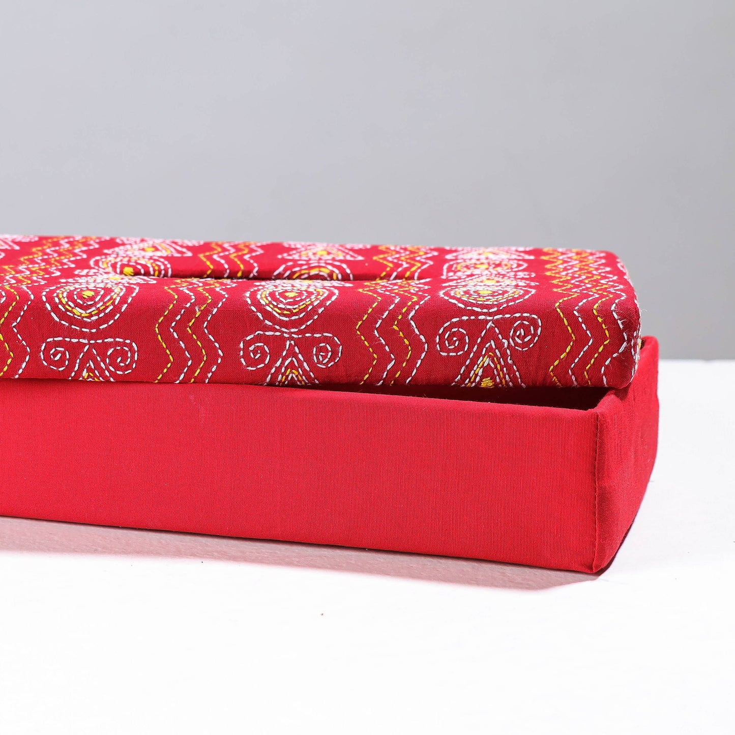 Red Handcrafted Bengal Kantha Work Tissue Box
