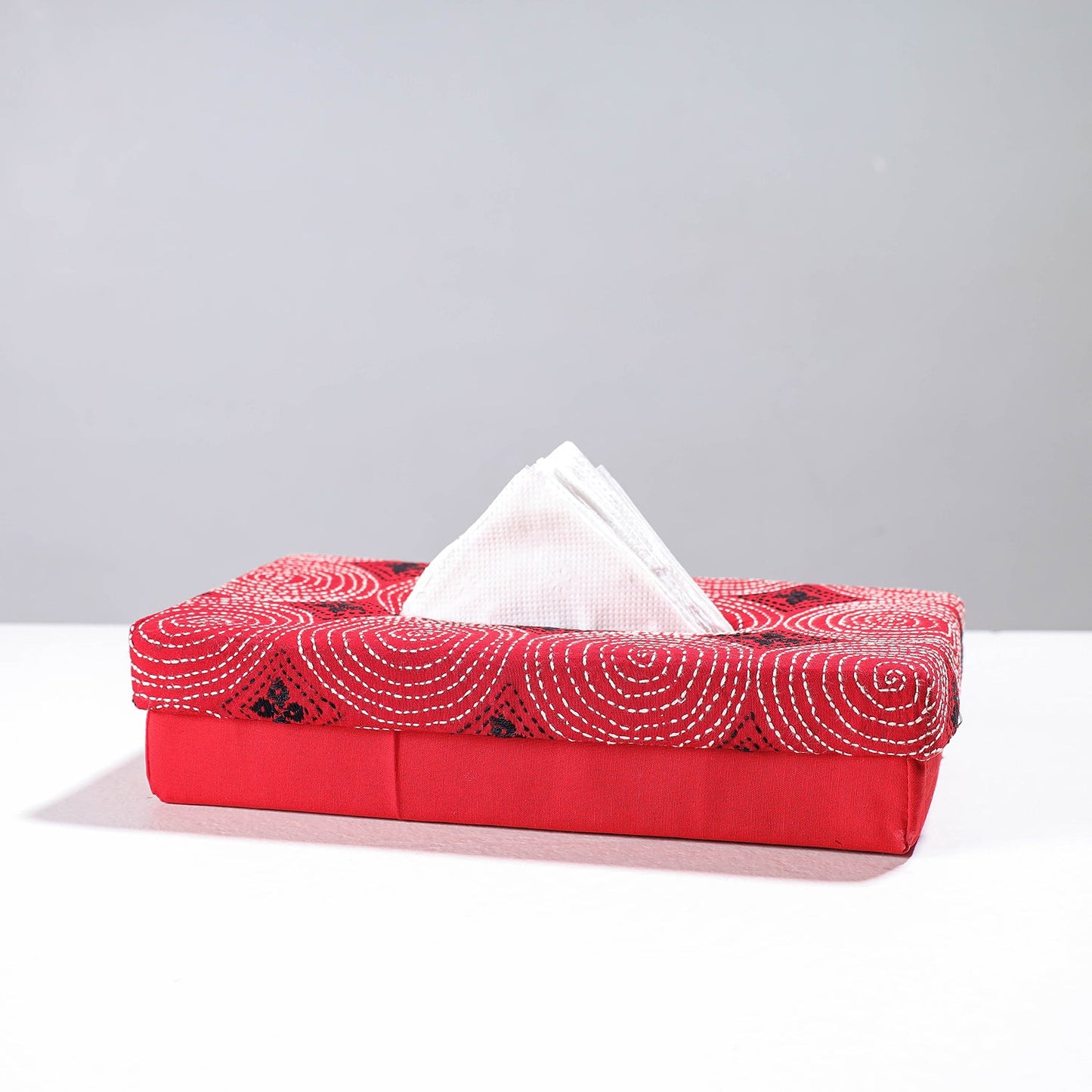 Red Handcrafted Bengal Kantha Work Tissue Box