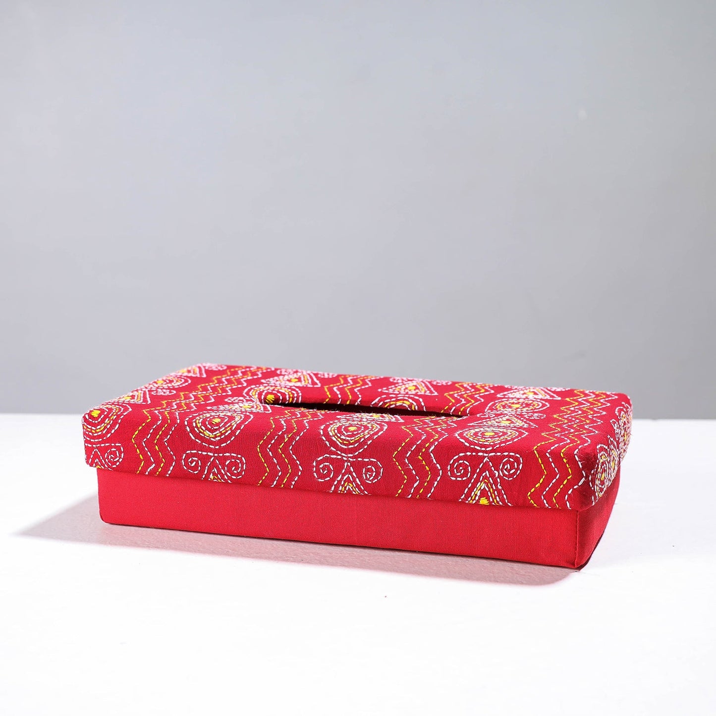 Red Handcrafted Bengal Kantha Work Tissue Box