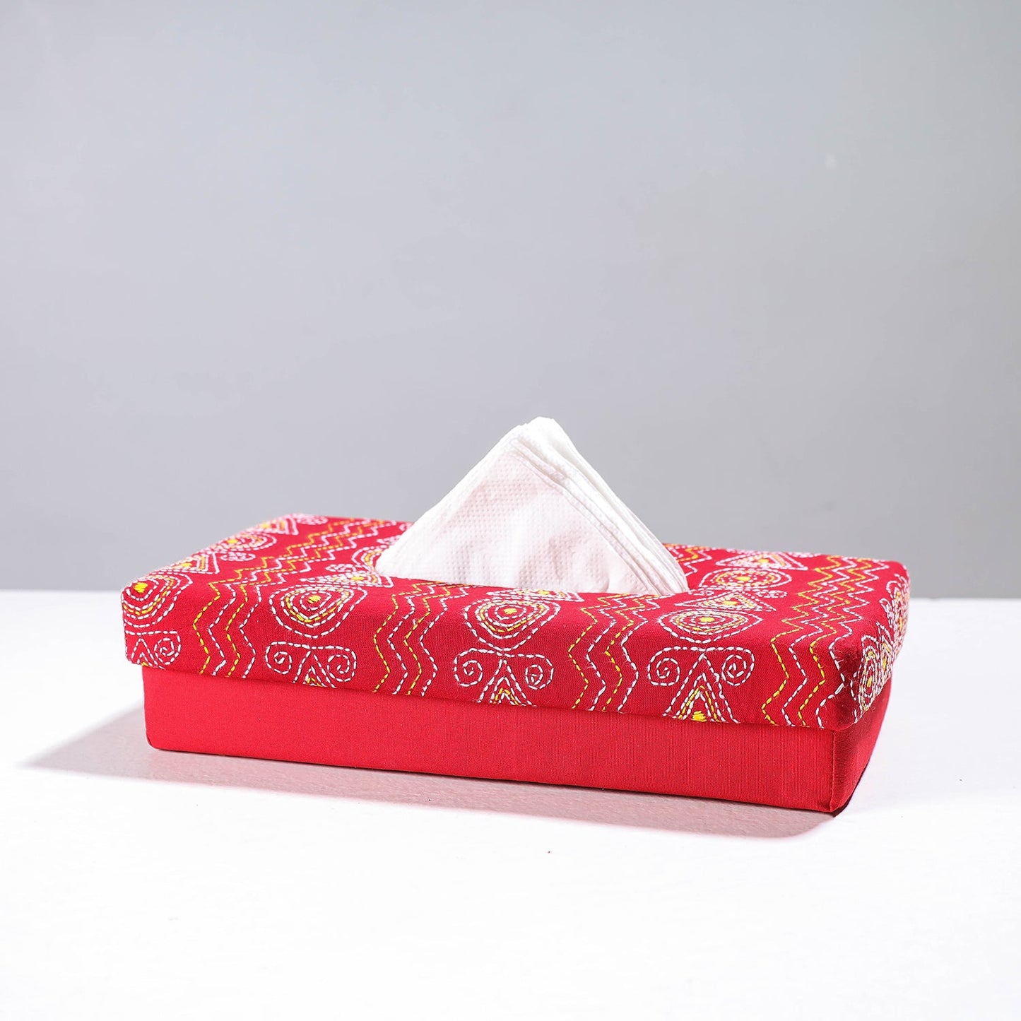 Red Handcrafted Bengal Kantha Work Tissue Box