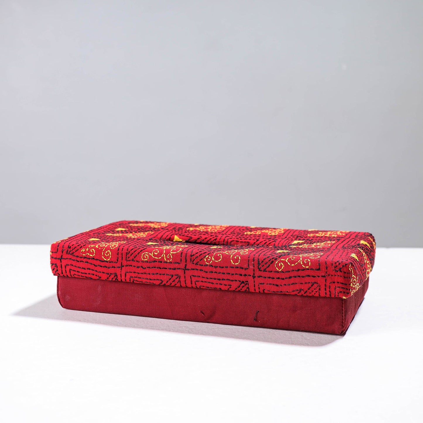 Red Handcrafted Bengal Kantha Work Tissue Box