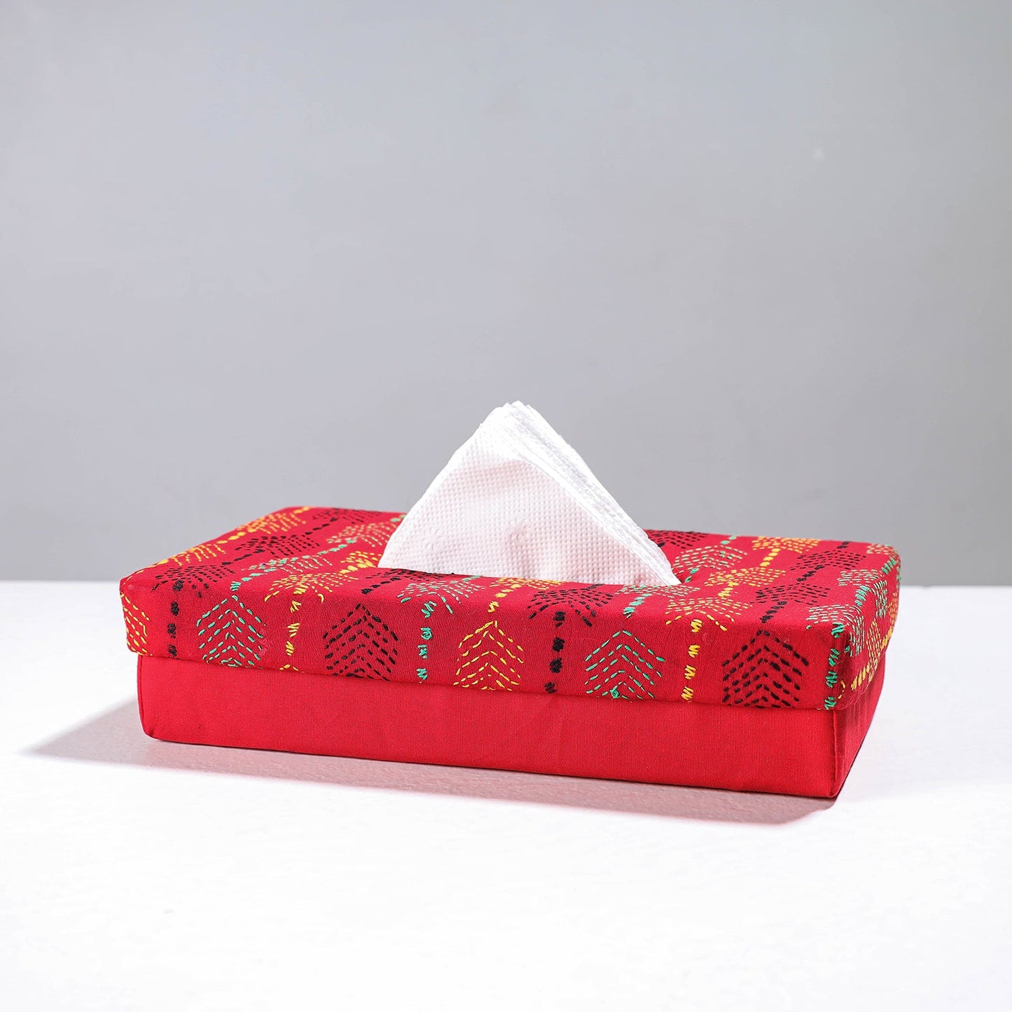 Red Handcrafted Bengal Kantha Work Tissue Box