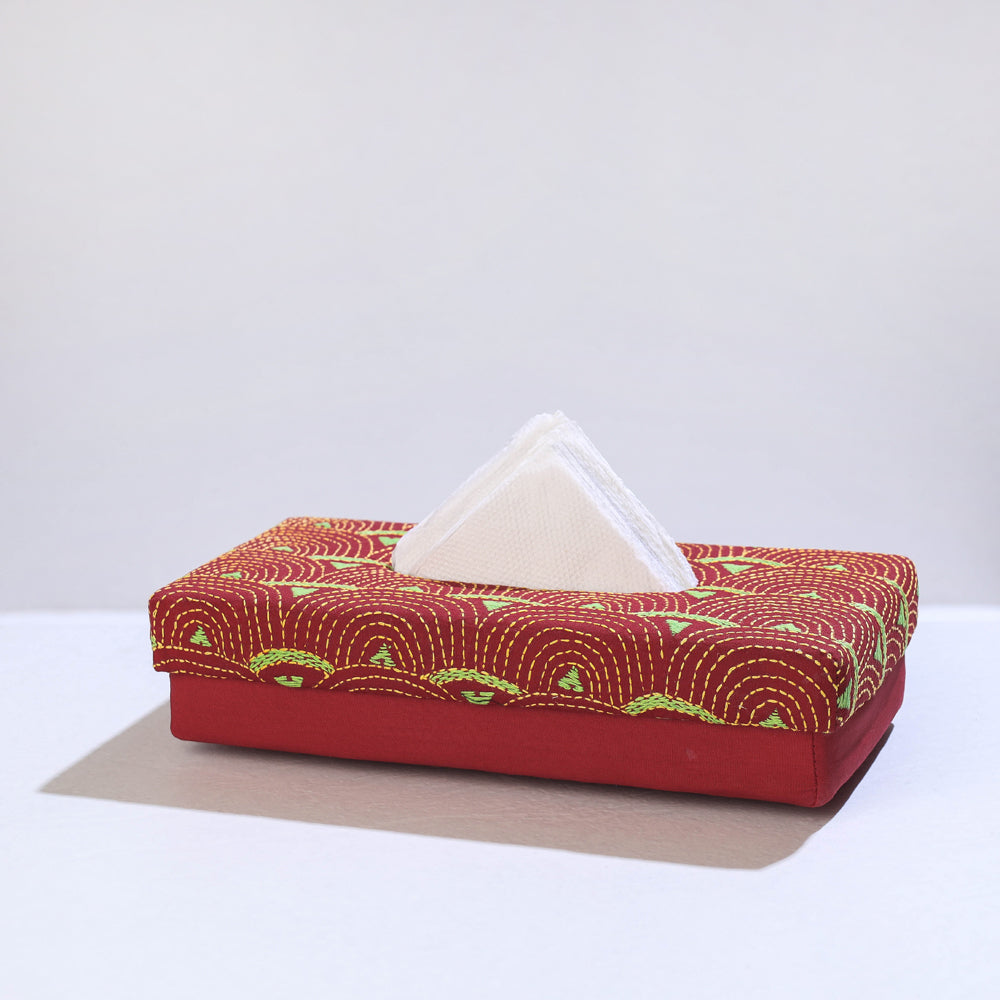 Red Bengal Kantha Work Handcrafted Tissue Box