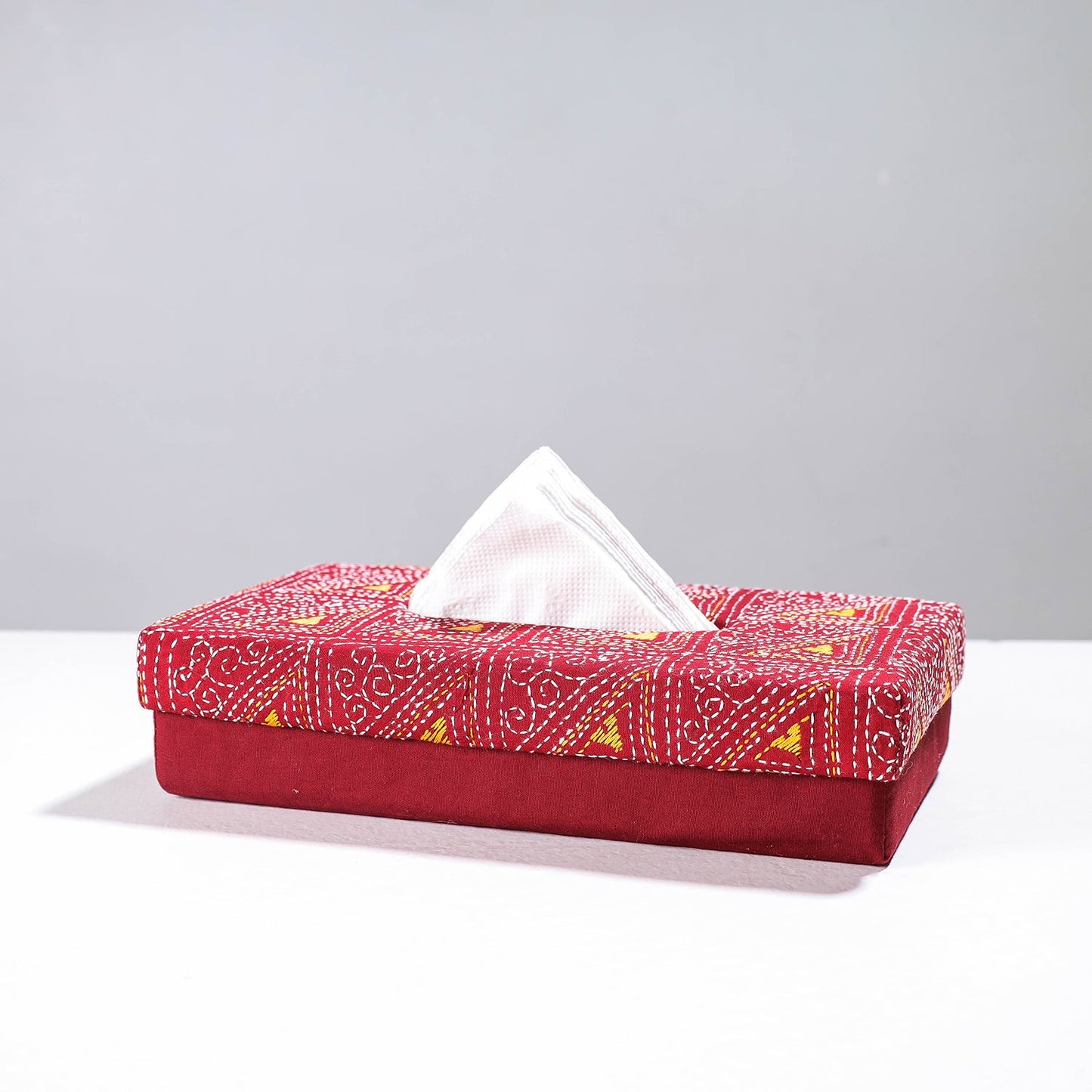 Red Handcrafted Bengal Kantha Work Tissue Box