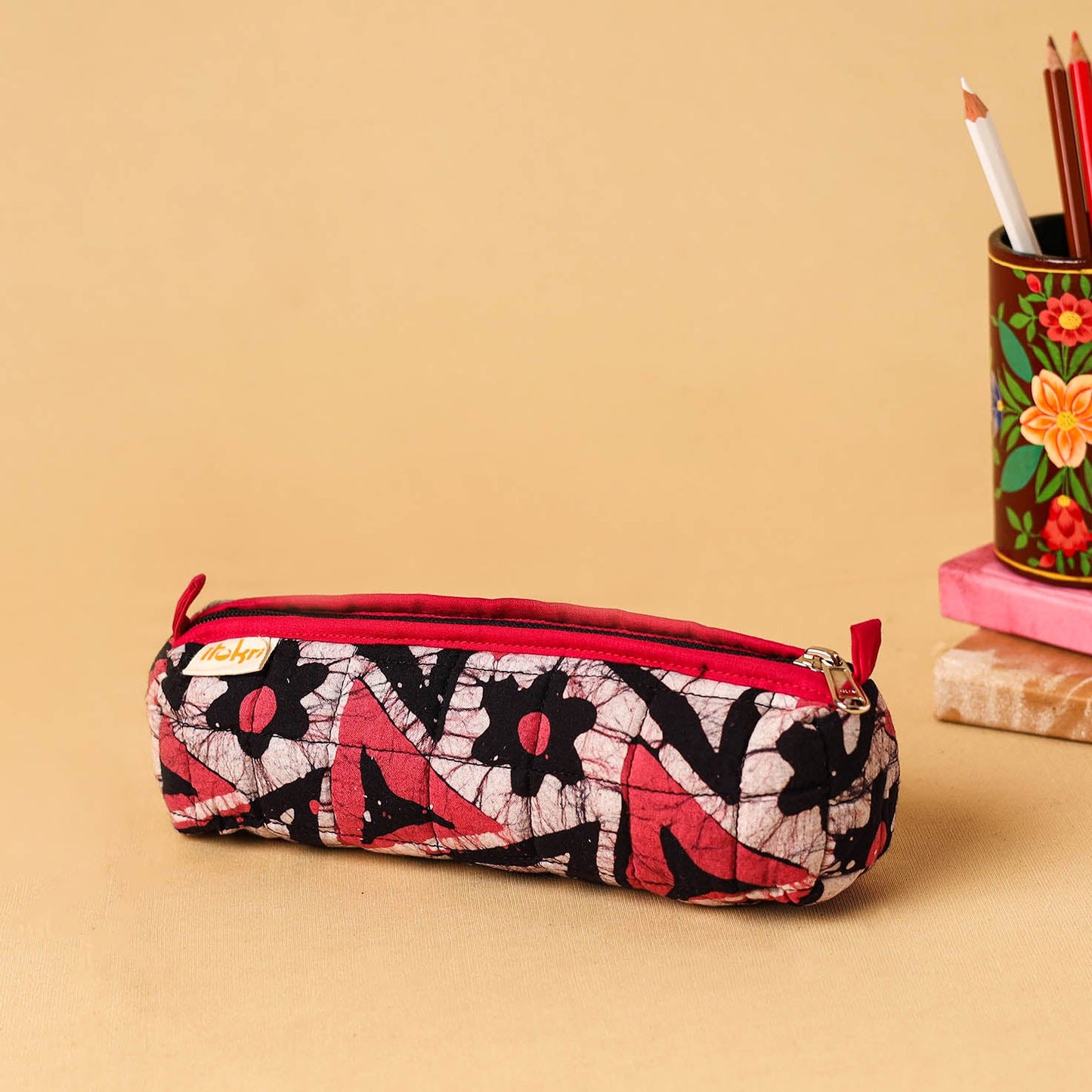 Red - handcrafted cotton quilted pencil pouch 11