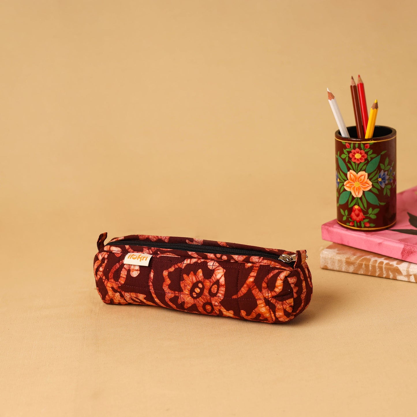 Red - handcrafted cotton quilted pencil pouch 19