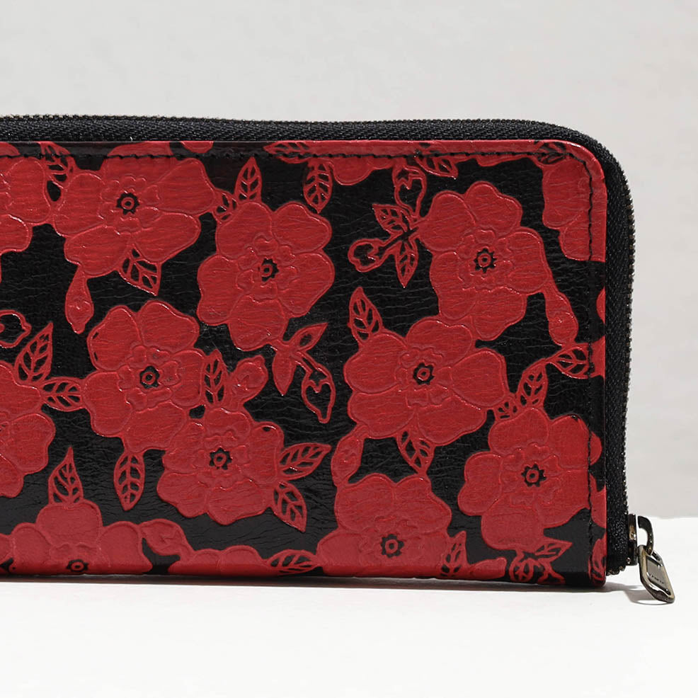 Red Handcrafted Embossed Leather Mobile Case with Card Holder