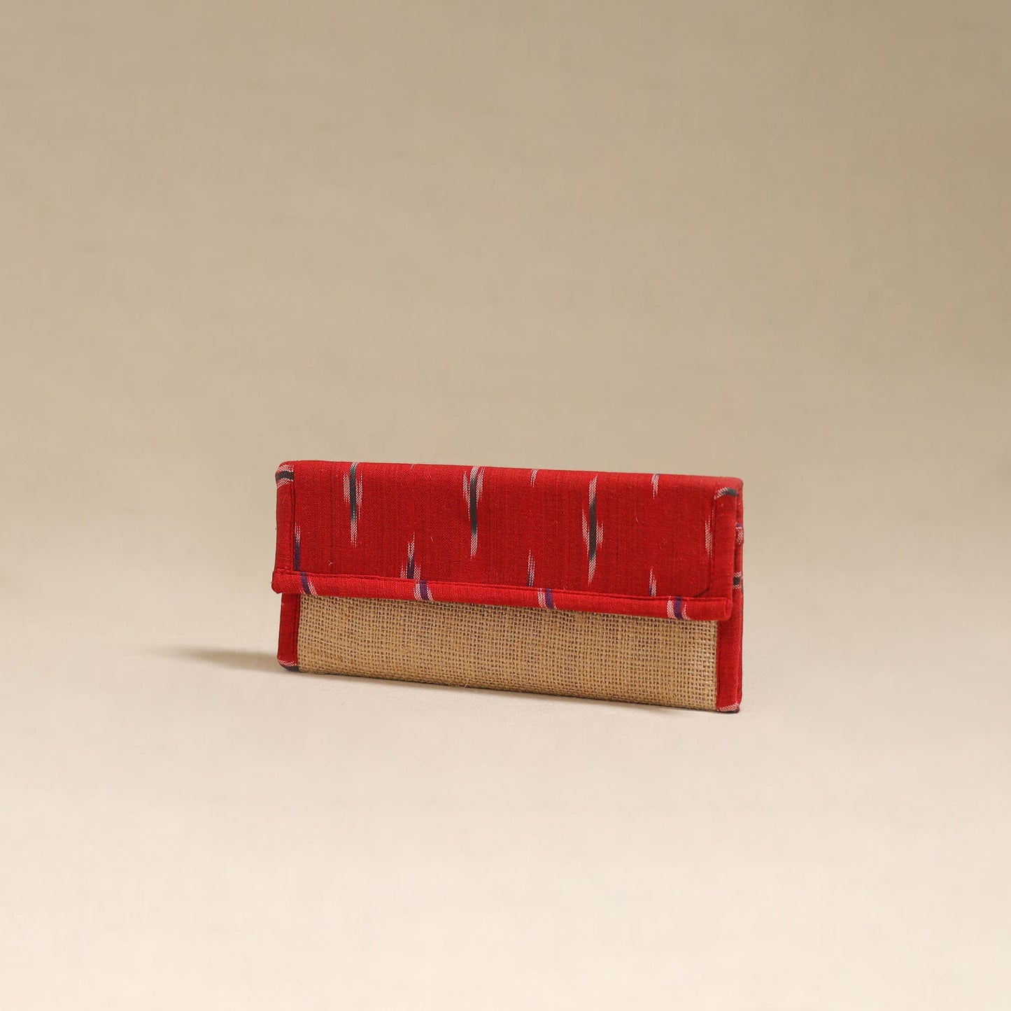 Red - handcrafted ikat fabric jute clutch / wallet