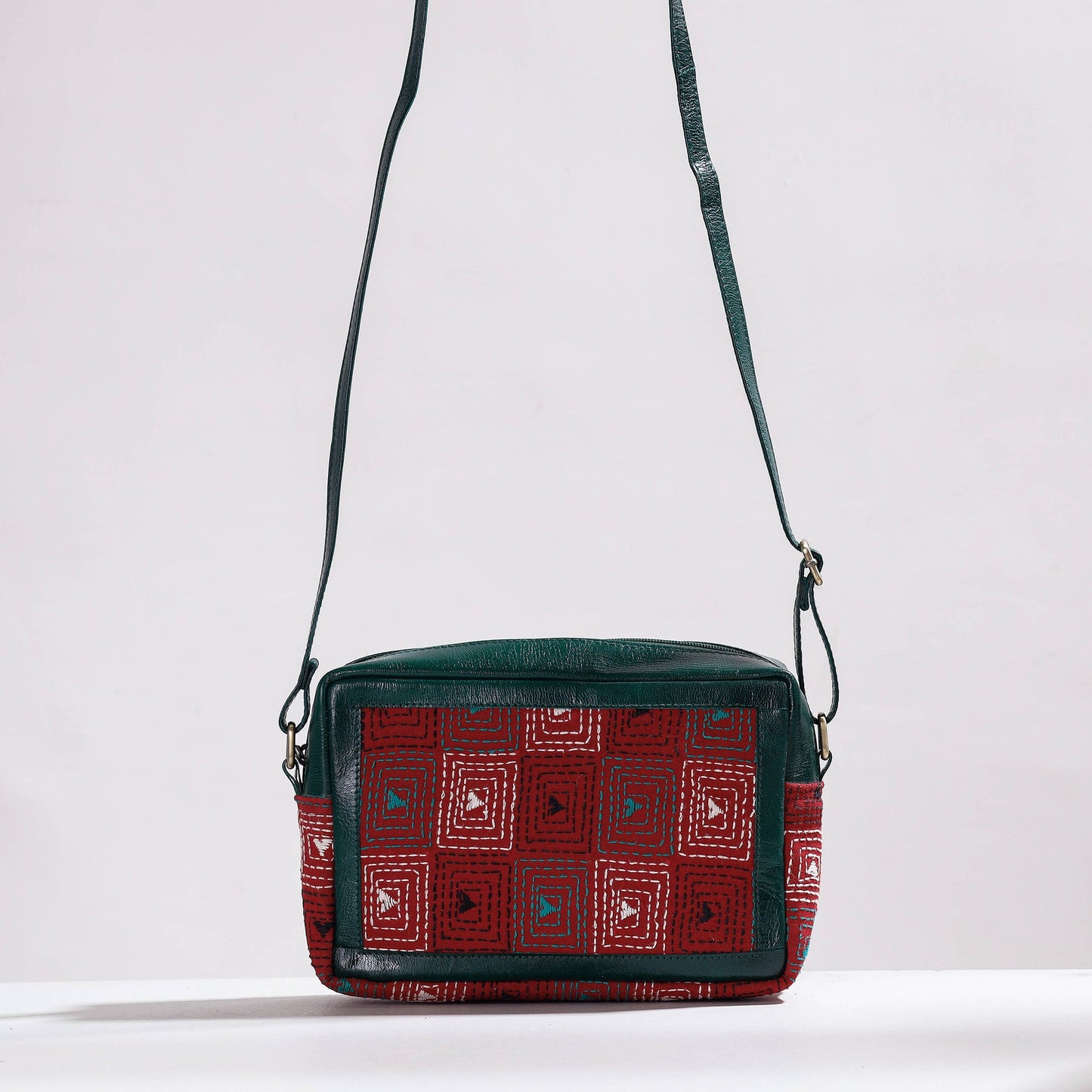 Handcrafted Kantha Embroidery Cotton & Leather Sling Bag