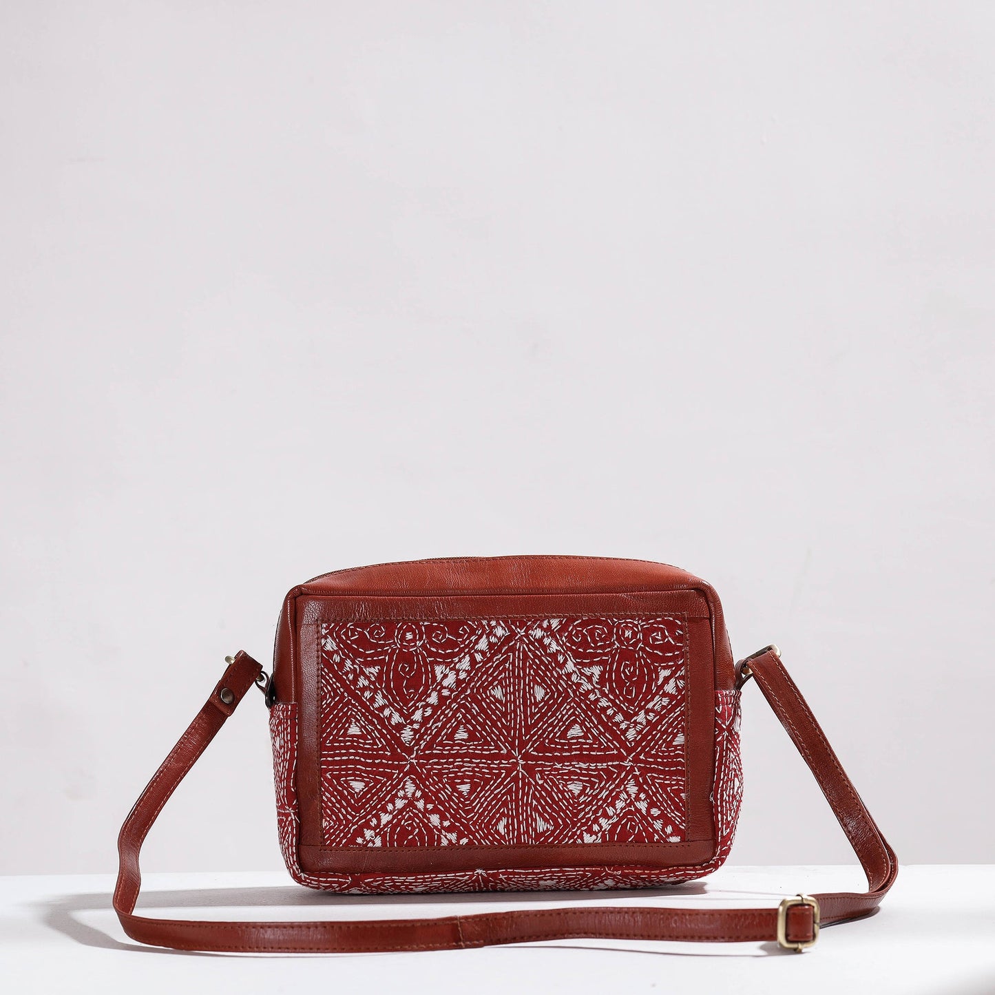 Handcrafted Kantha Embroidery Cotton & Leather Sling Bag