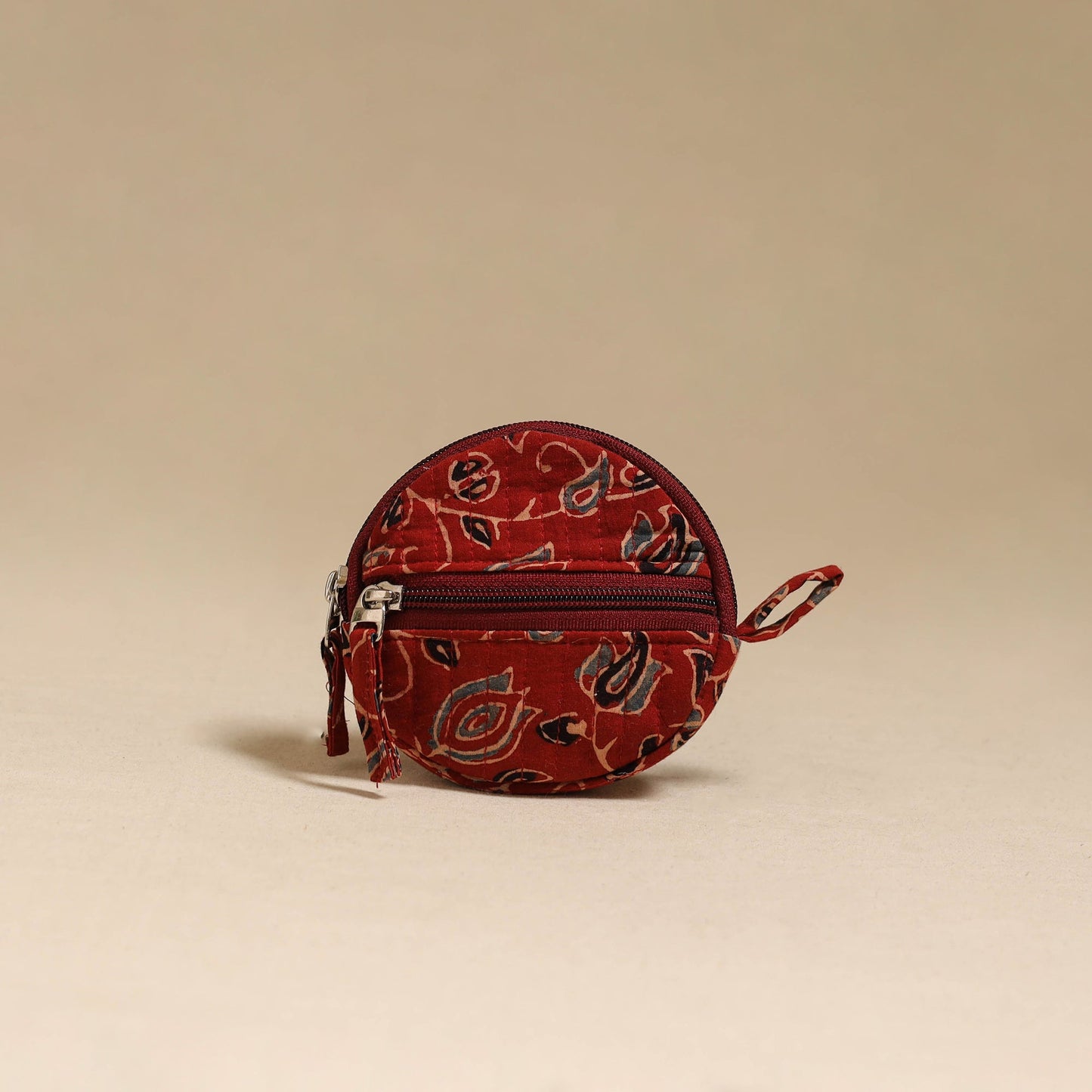 Red - handcrafted quilted ajrakh block printed fabric coin