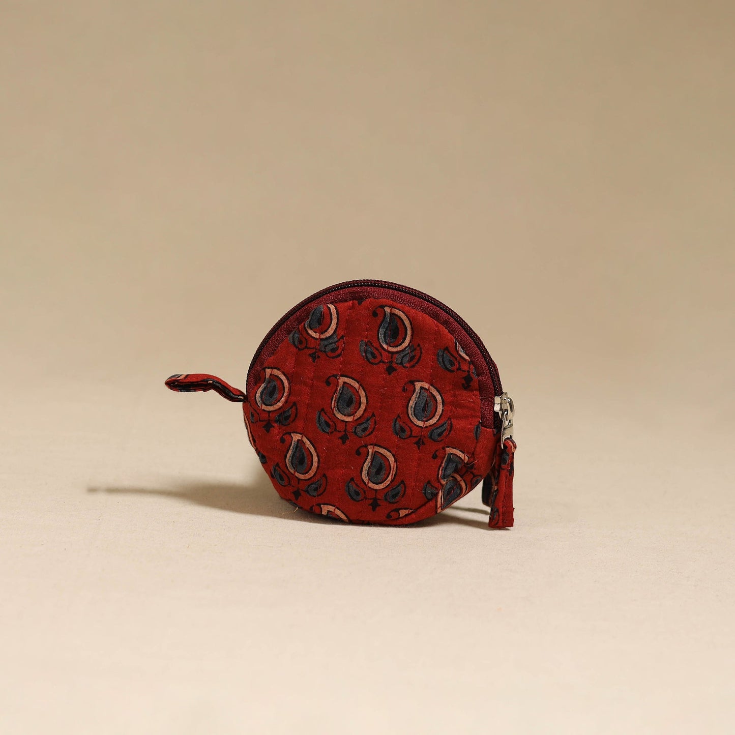 Red - handcrafted quilted ajrakh block printed fabric coin