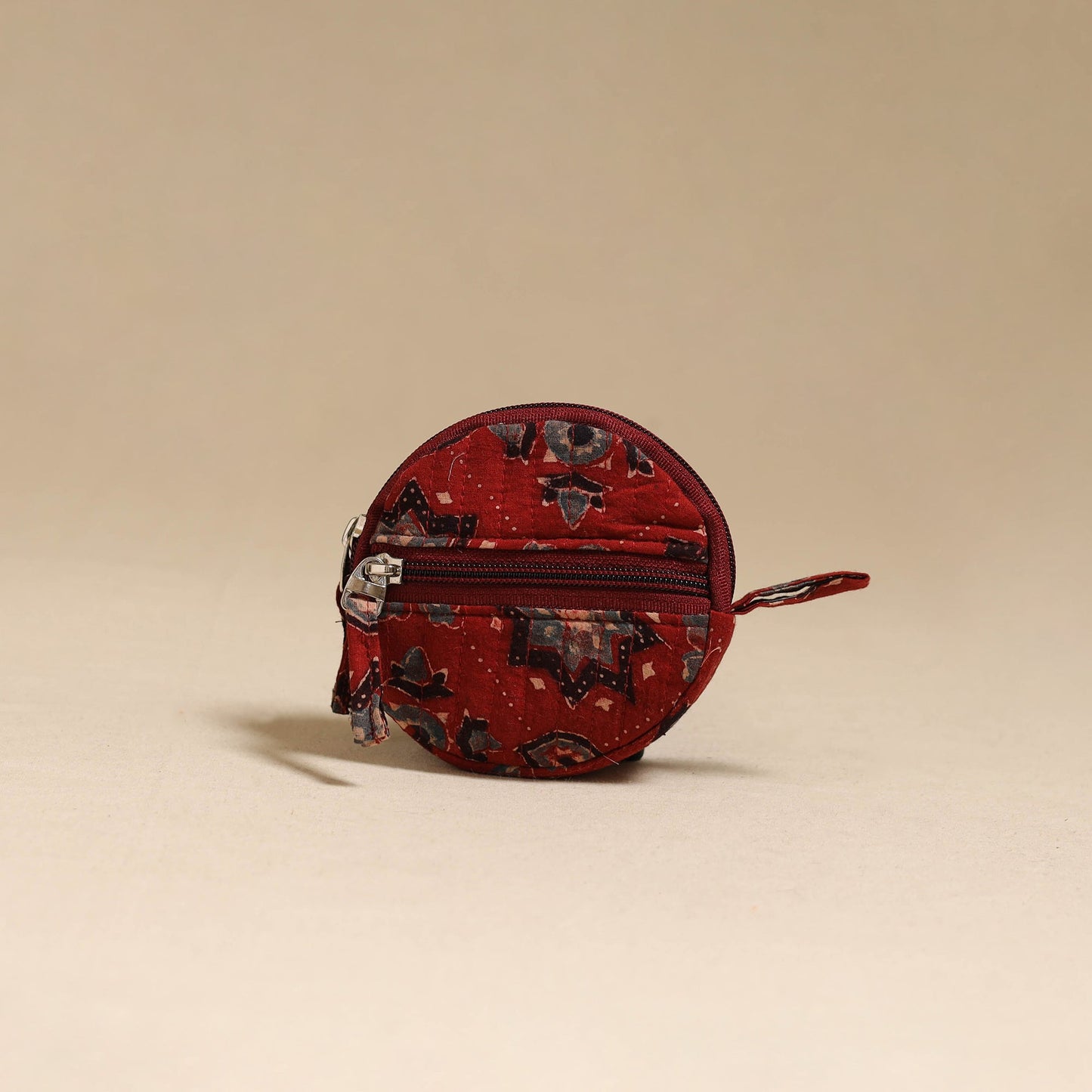 Red - handcrafted quilted ajrakh block printed fabric coin