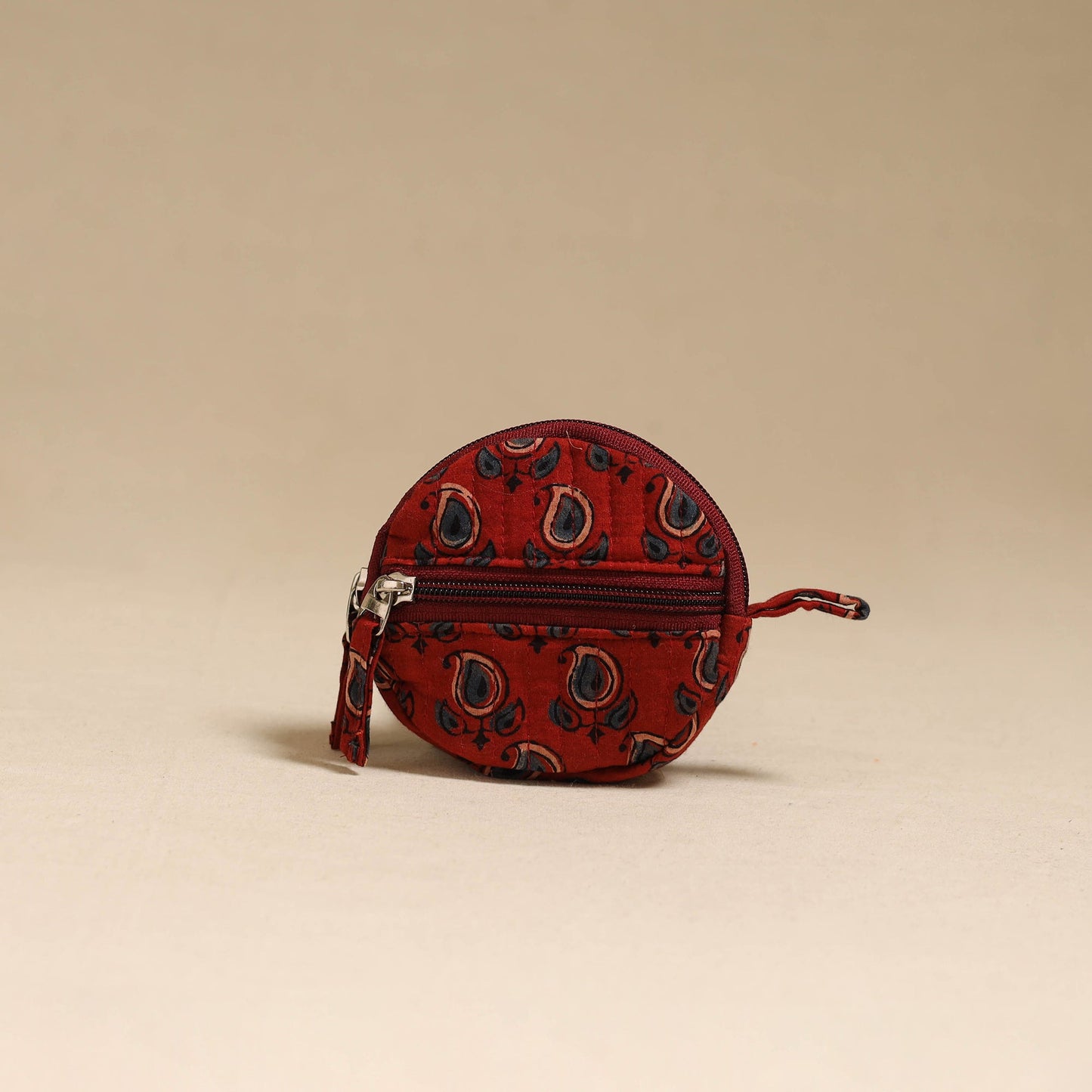 Red - handcrafted quilted ajrakh block printed fabric coin