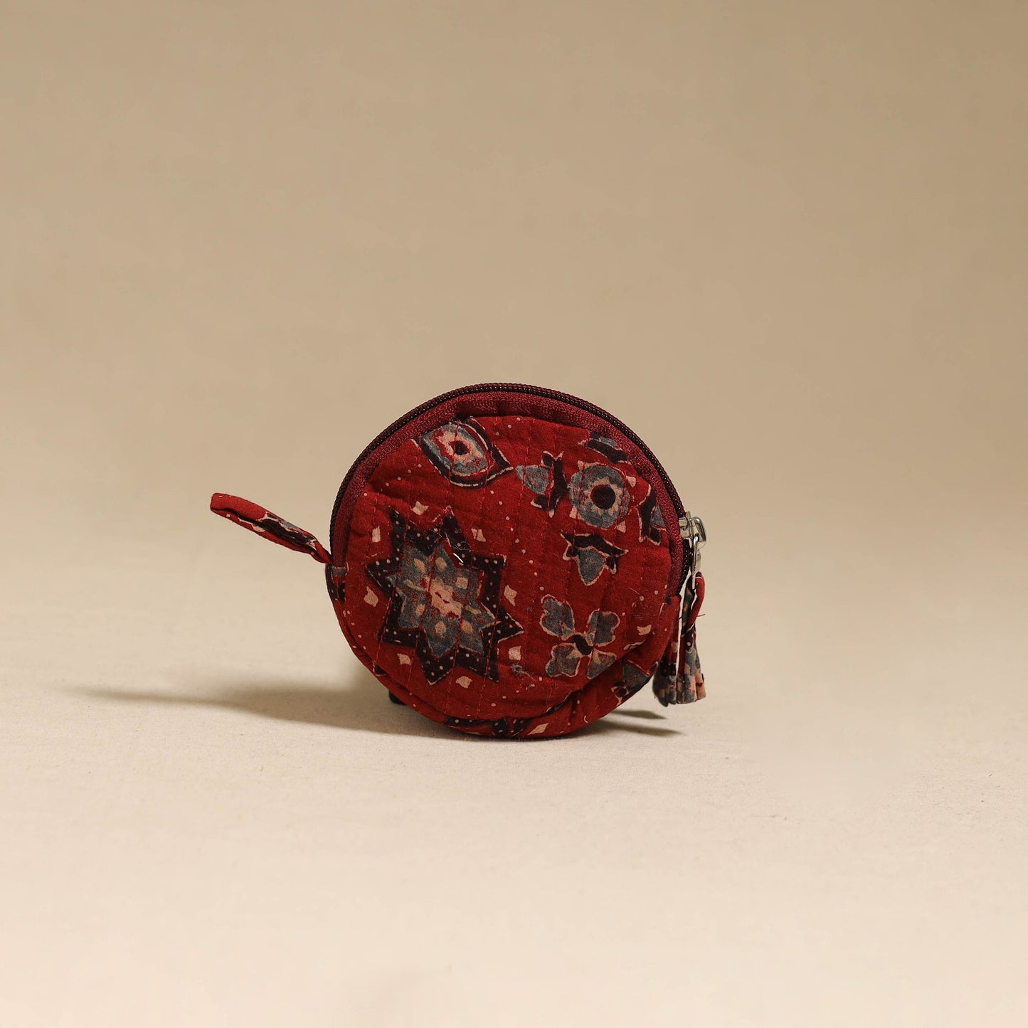 Red - handcrafted quilted ajrakh block printed fabric coin
