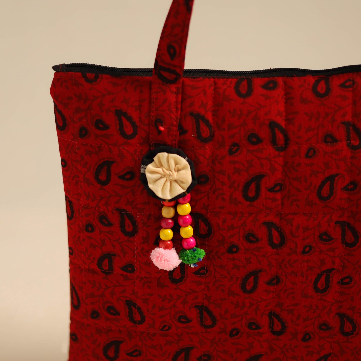 Red Handcrafted Quilted Cotton Hand Bag