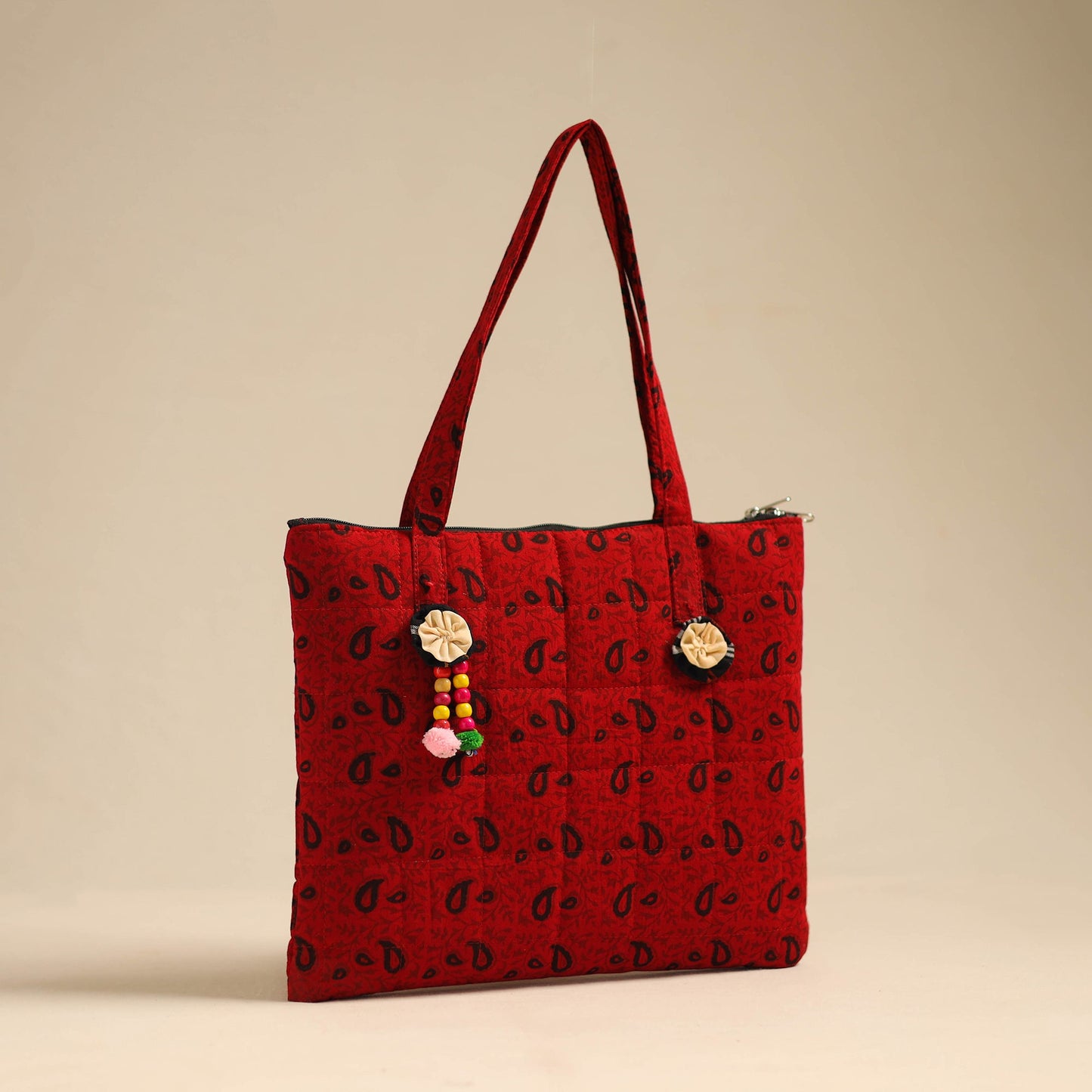 Red Handcrafted Quilted Cotton Hand Bag