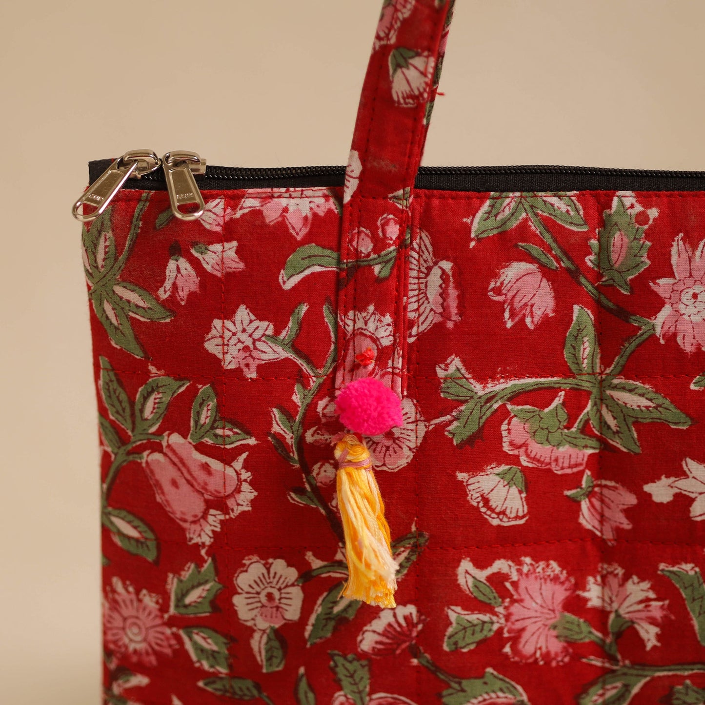 Red Handcrafted Quilted Cotton Hand Bag