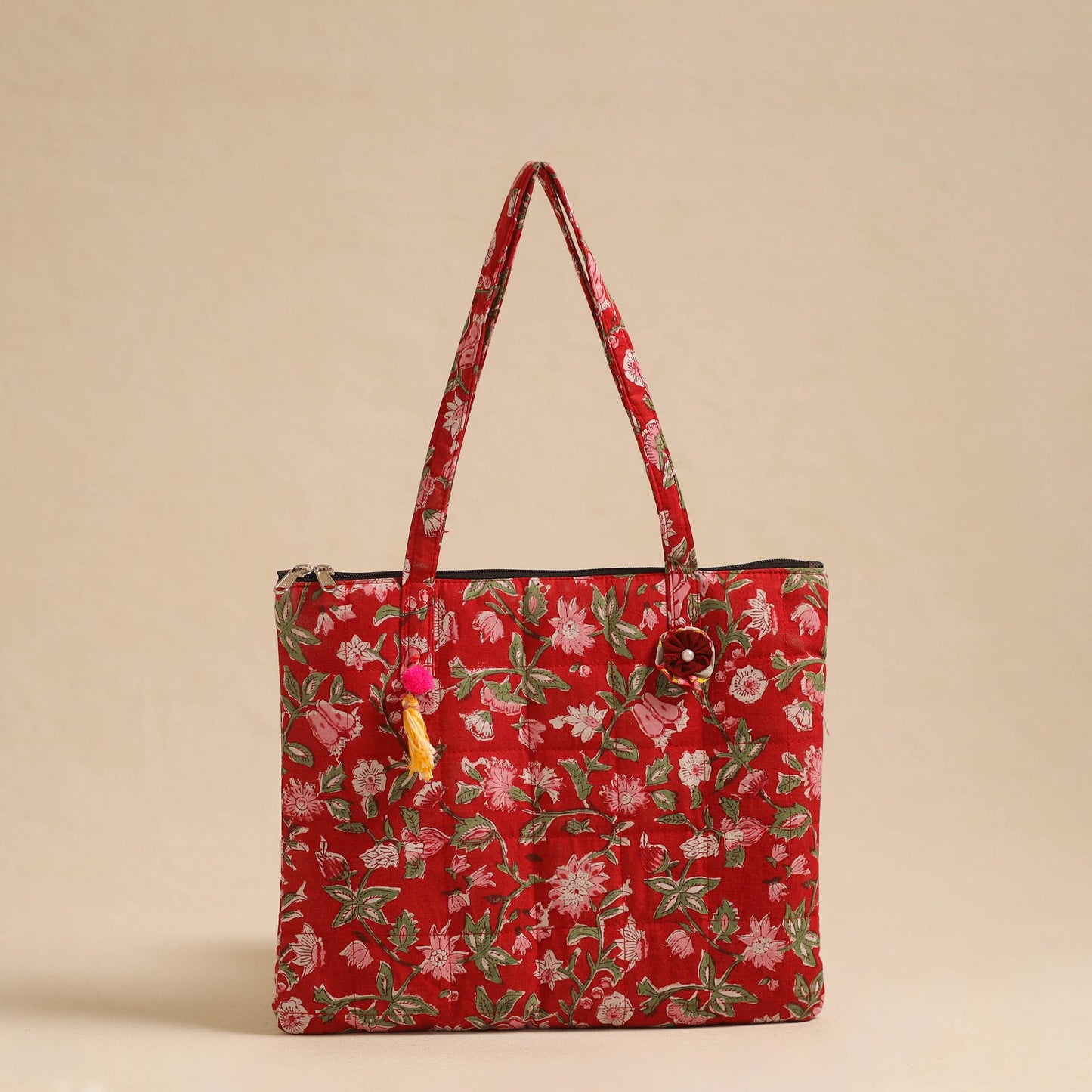 Red Handcrafted Quilted Cotton Hand Bag