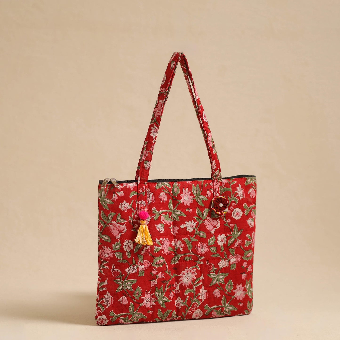 Red Handcrafted Quilted Cotton Hand Bag